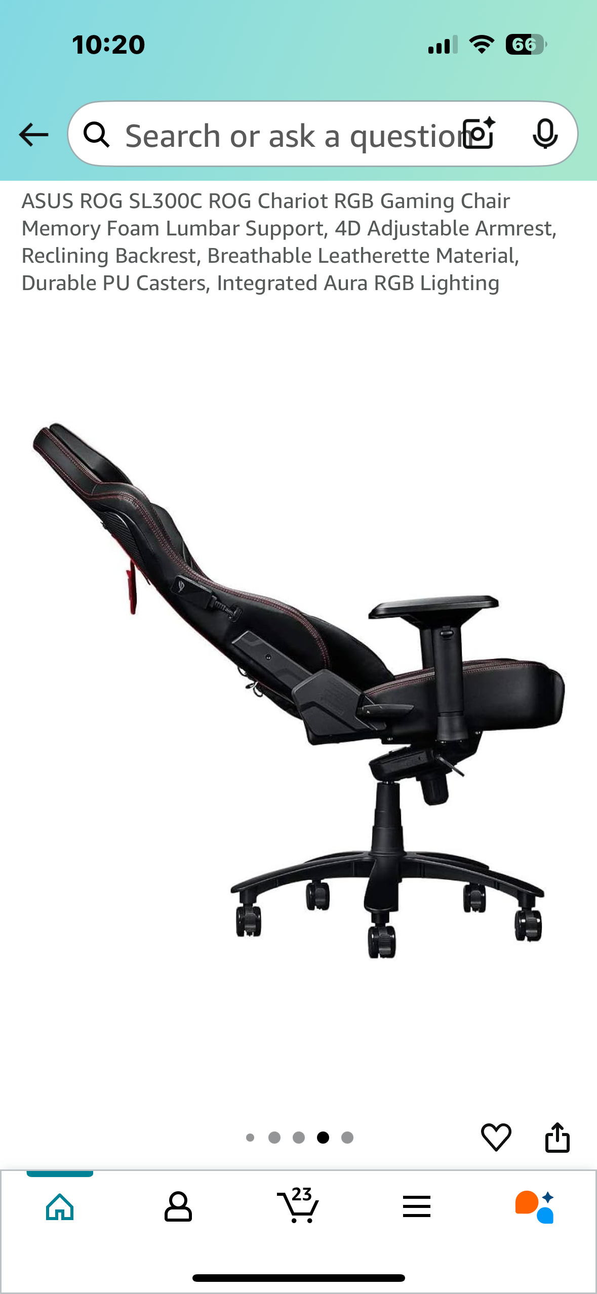ASUS ROG SL300C ROG Chariot RGB Gaming Chair, Memory Foam Lumbar Support, 4D Adjustable Armrest, Reclining Backrest, Breathable Leatherette Material, Durable PU Casters, Integrated Aura RGB Lighting (O434)