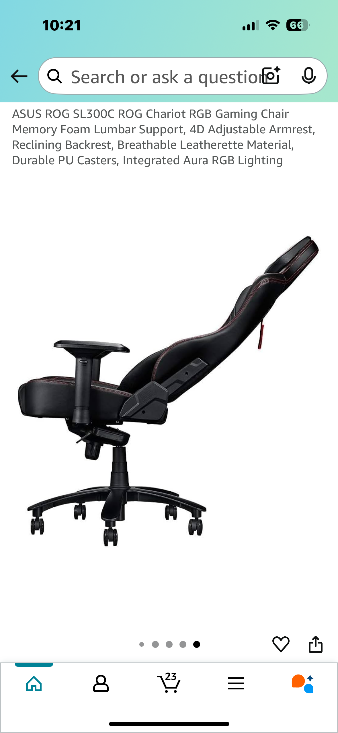 ASUS ROG SL300C ROG Chariot RGB Gaming Chair, Memory Foam Lumbar Support, 4D Adjustable Armrest, Reclining Backrest, Breathable Leatherette Material, Durable PU Casters, Integrated Aura RGB Lighting (O434)