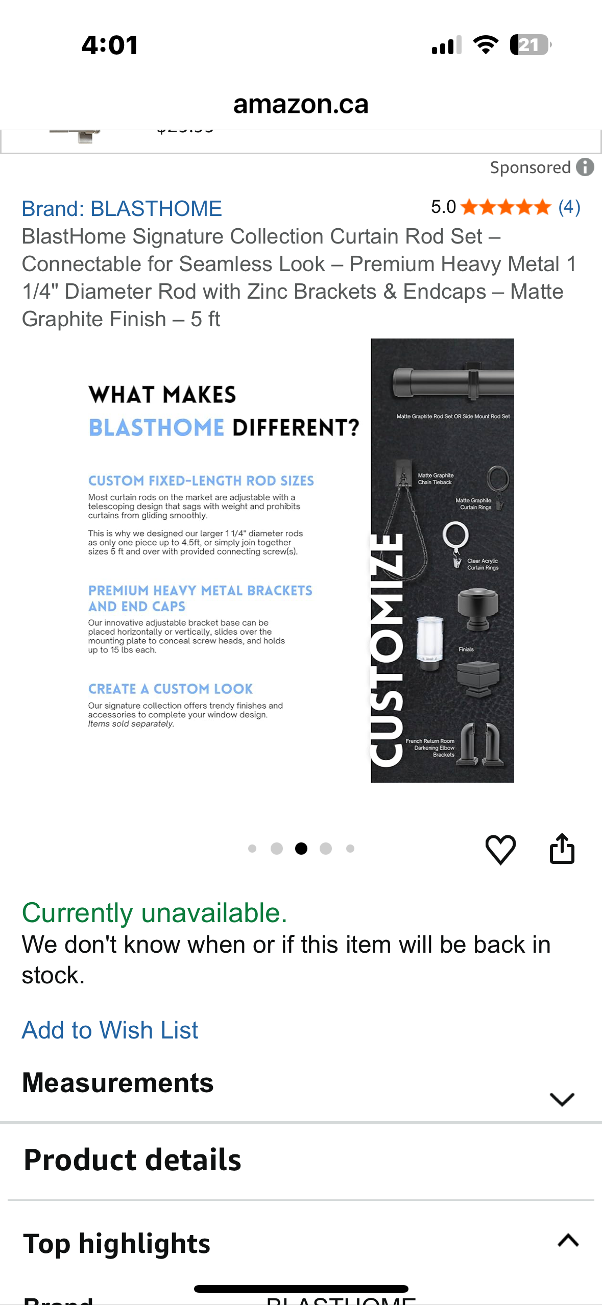 BlastHome Signature Collection Curtain Rod Set – Connectable for Seamless Look – Premium Heavy Metal 1 1/4" Diameter Rod with Zinc Brackets & Endcaps – Matte Graphite Finish – 5 ft (L1089)