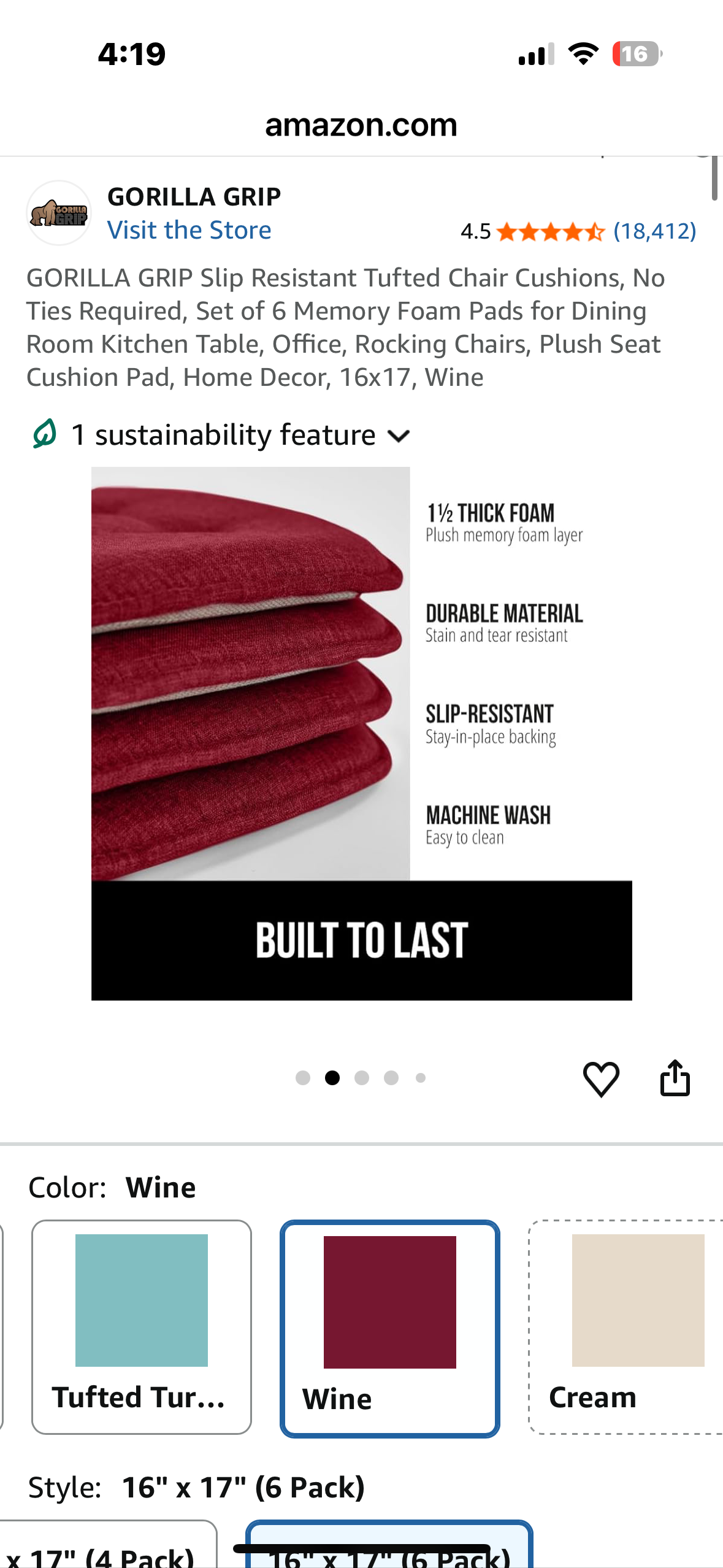 GORILLA GRIP Slip Resistant Tufted Chair Cushions, No Ties Required, Set of 6 Memory Foam Pads for Dining Room Kitchen Table, Office, Rocking Chairs, Plush Seat Cushion Pad, Home Decor, 16x17, Wine (L1090)