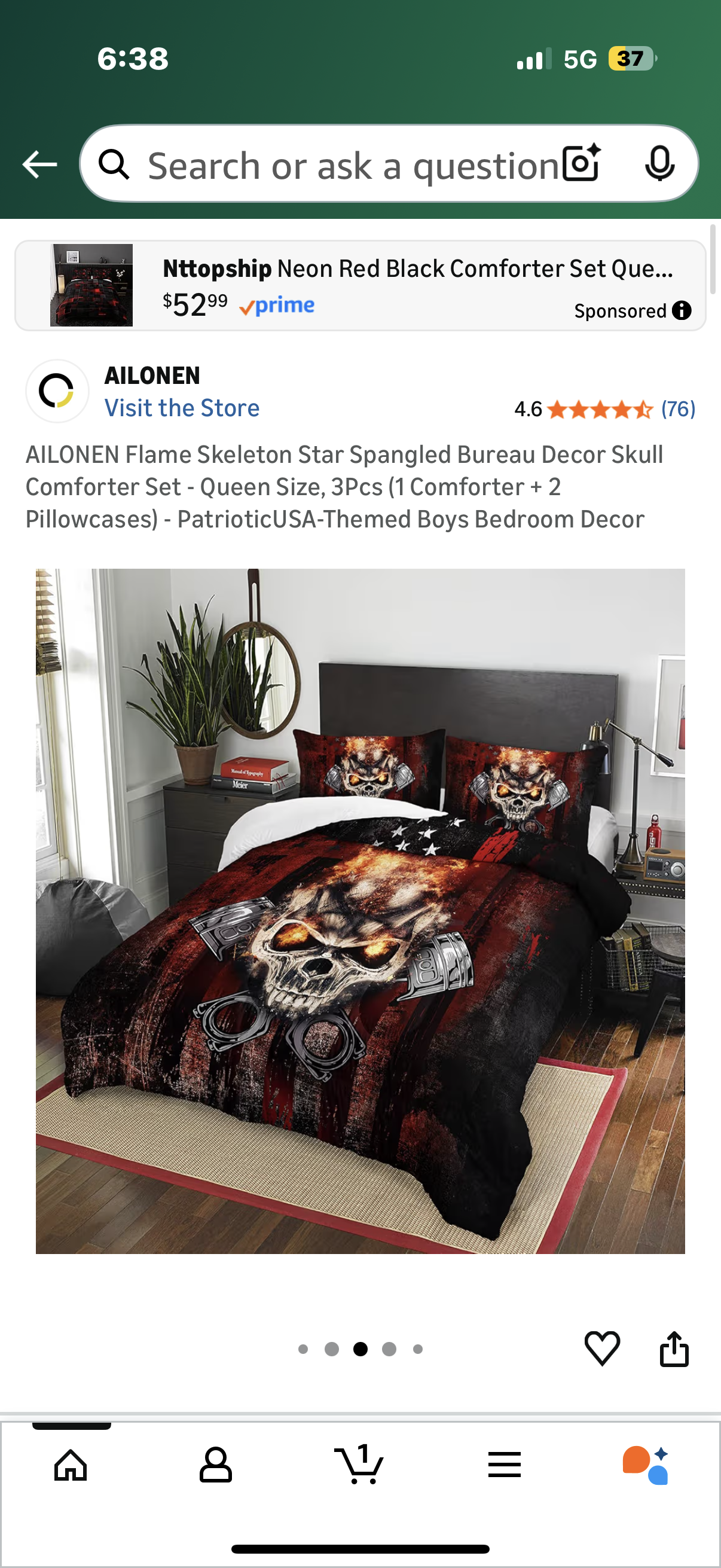 AILONEN Flame Skeleton Star Spangled Bureau Decor Skull Comforter Set - Queen Size, 3Pcs (1 Comforter + 2 Pillowcases) - PatrioticUSA-Themed Boys Bedroom Decor