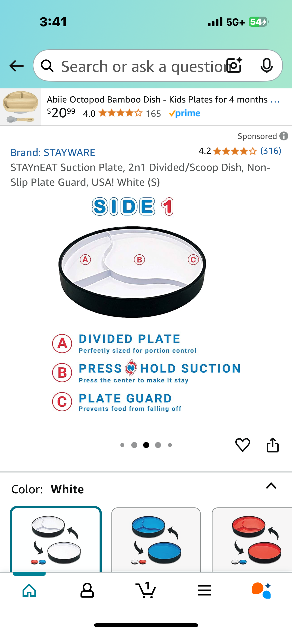 STAYnEAT Suction Plate, 2n1 Divided/Scoop Dish, Non-Slip Plate Guard, USA! White