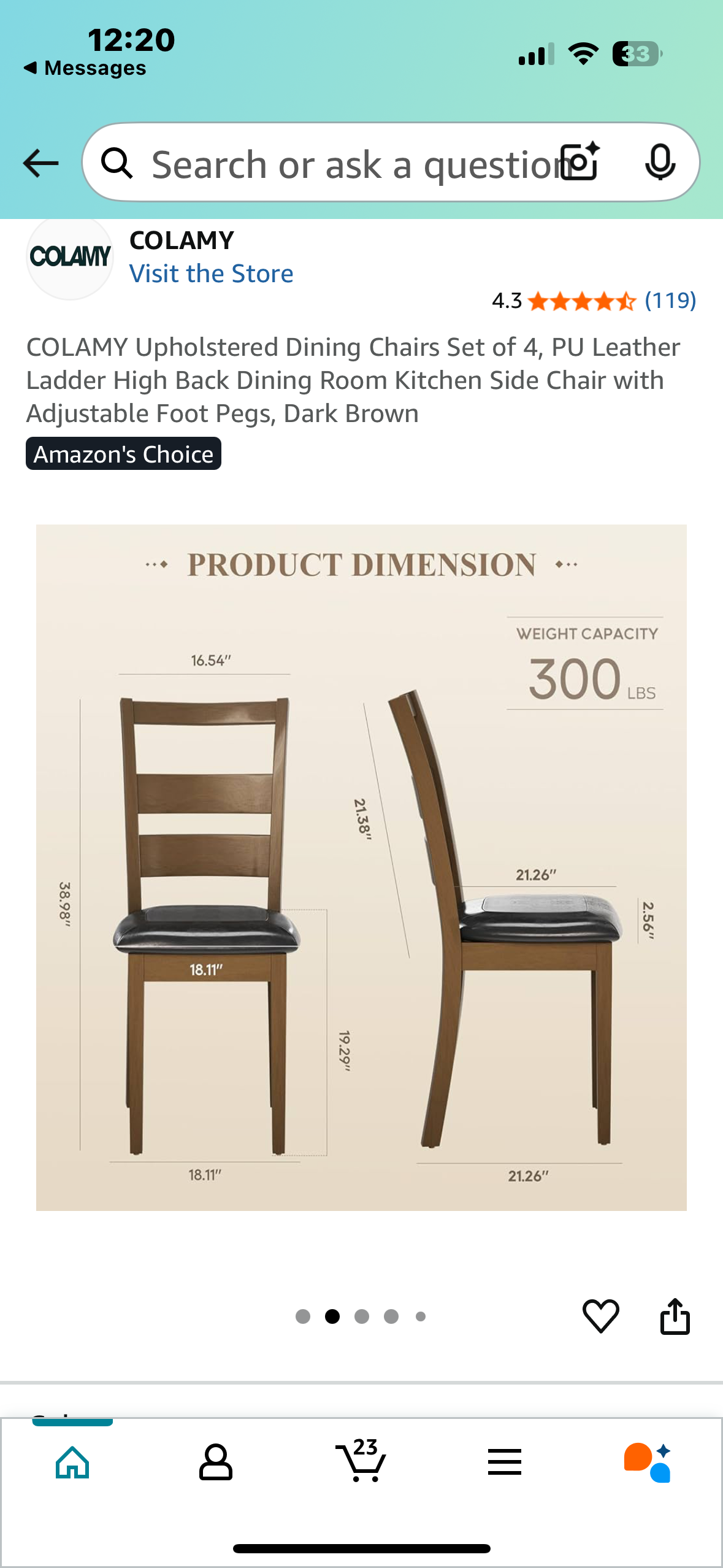 COLAMY Dining Chairs Set of 4, PU Leather Ladder High Back Dining Room Kitchen Side Chair with Adjustable Foot Pegs, Dark Brown (L970)
