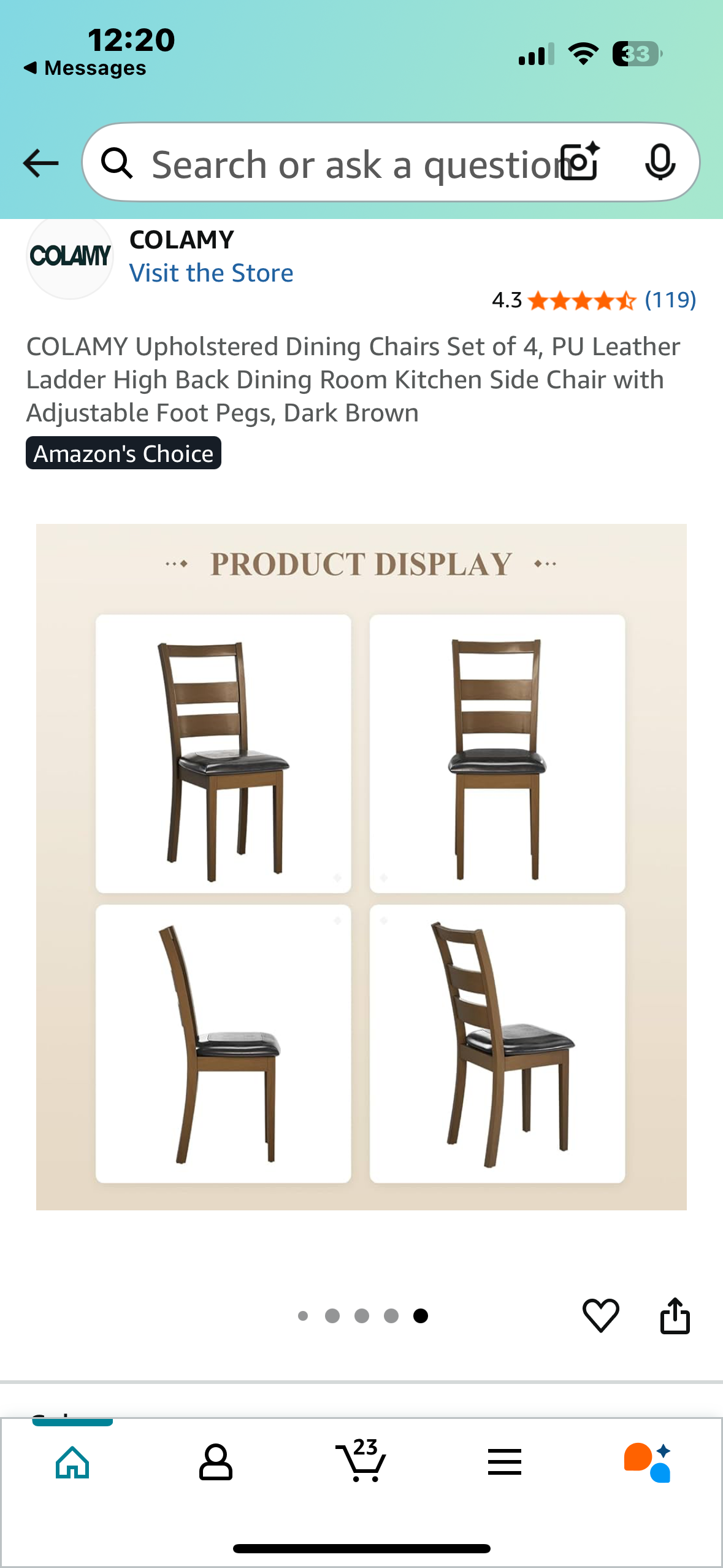 COLAMY Dining Chairs Set of 4, PU Leather Ladder High Back Dining Room Kitchen Side Chair with Adjustable Foot Pegs, Dark Brown (L970)