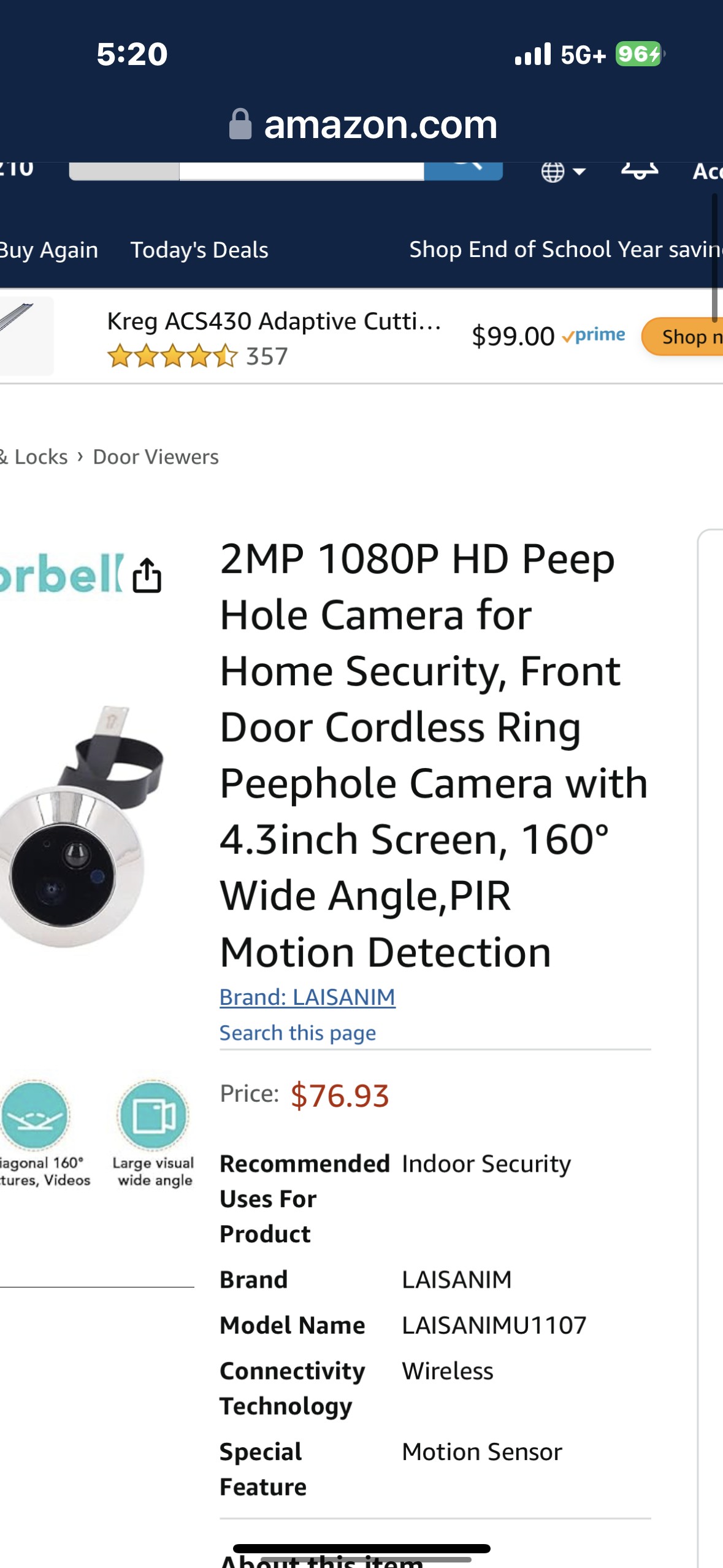 Generic 2MP Peep Hole Camera for Front Door Wireless, 4.3inch Screen Ring Peephole Camera, 1920x1080p PIR Motion Detection Smart Security Camera for Home Security, Genericb6xvfc39g2