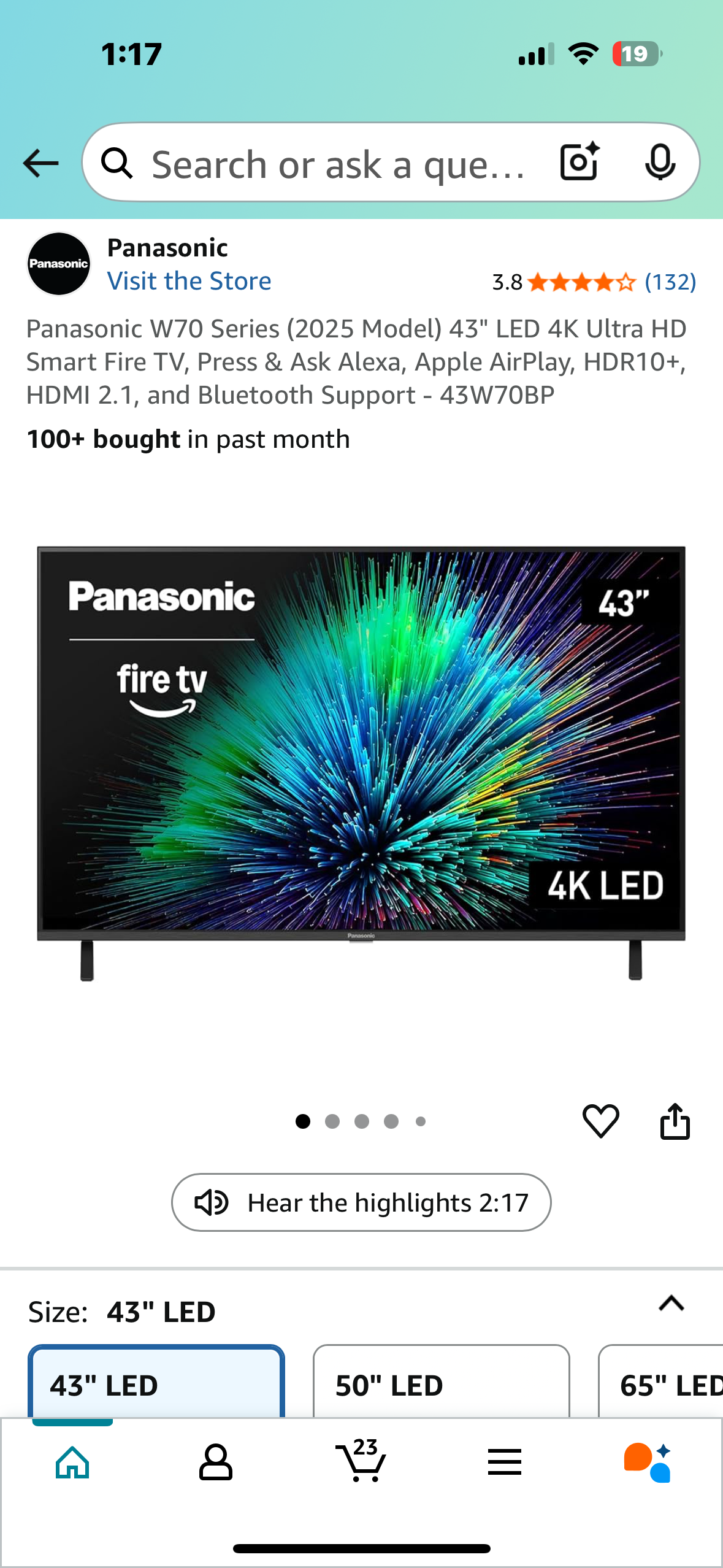 Panasonic W70 Series 43" LED 4K Ultra HD Smart Fire TV, Press & Ask Alexa, Apple AirPlay, HDR10+, HDMI 2.1, and Bluetooth Support - 43W70BP (R643)