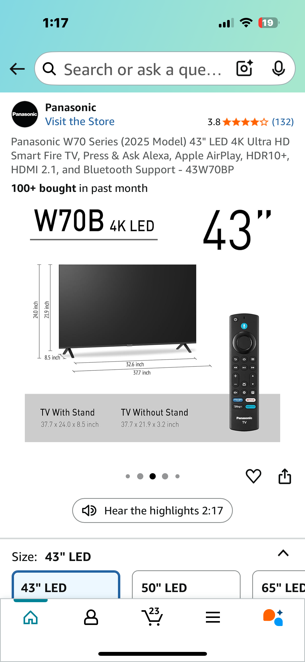 Panasonic W70 Series 43" LED 4K Ultra HD Smart Fire TV, Press & Ask Alexa, Apple AirPlay, HDR10+, HDMI 2.1, and Bluetooth Support - 43W70BP (R643)