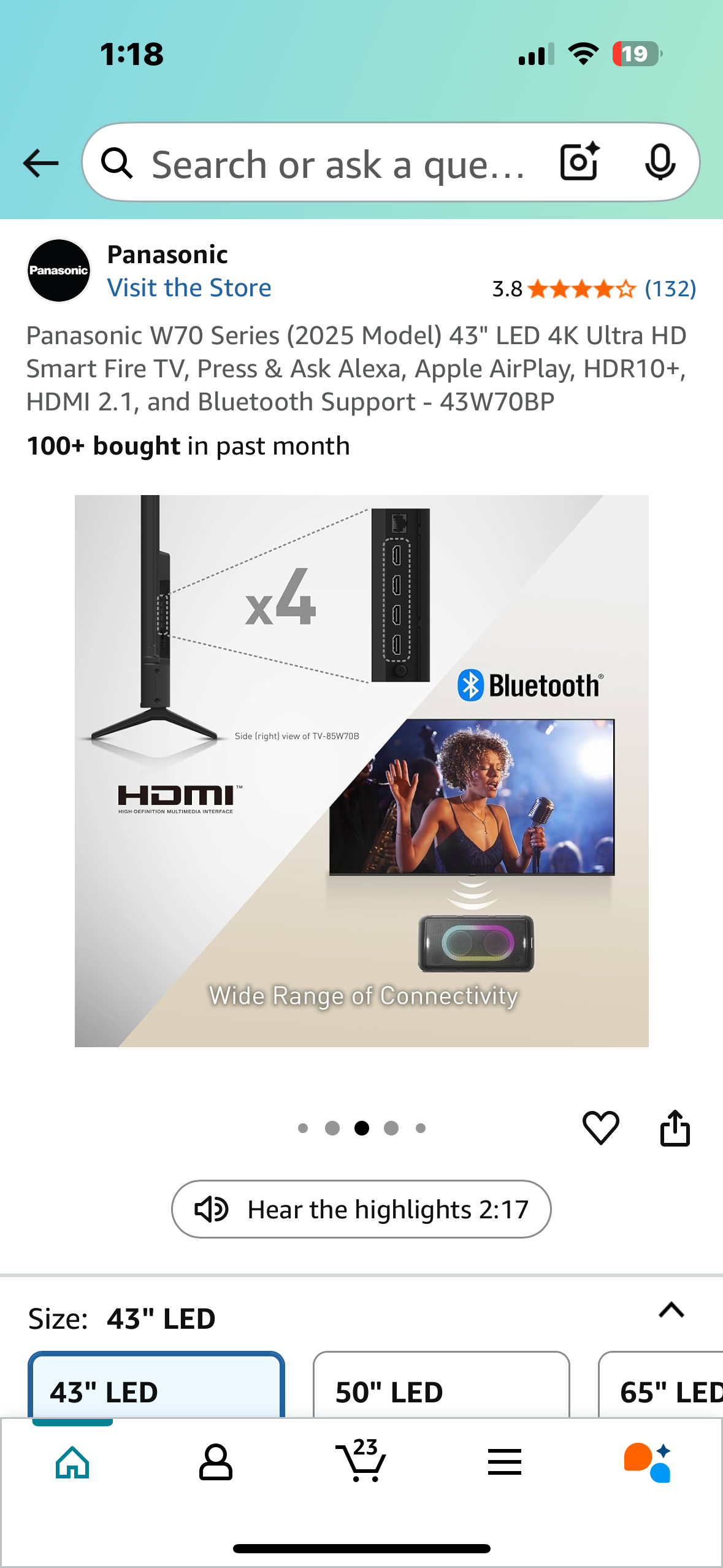 Panasonic W70 Series 43" LED 4K Ultra HD Smart Fire TV, Press & Ask Alexa, Apple AirPlay, HDR10+, HDMI 2.1, and Bluetooth Support - 43W70BP (R643)