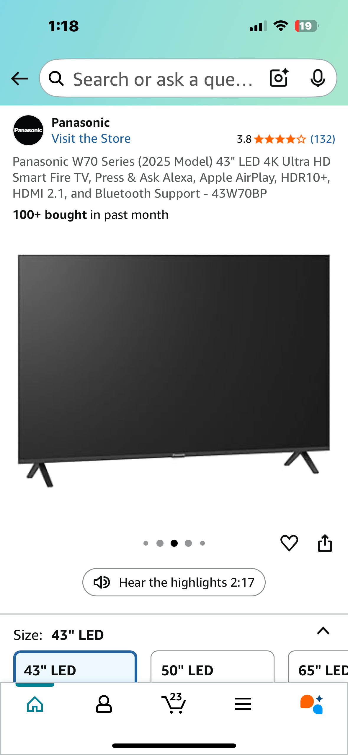 Panasonic W70 Series 43" LED 4K Ultra HD Smart Fire TV, Press & Ask Alexa, Apple AirPlay, HDR10+, HDMI 2.1, and Bluetooth Support - 43W70BP (R643)