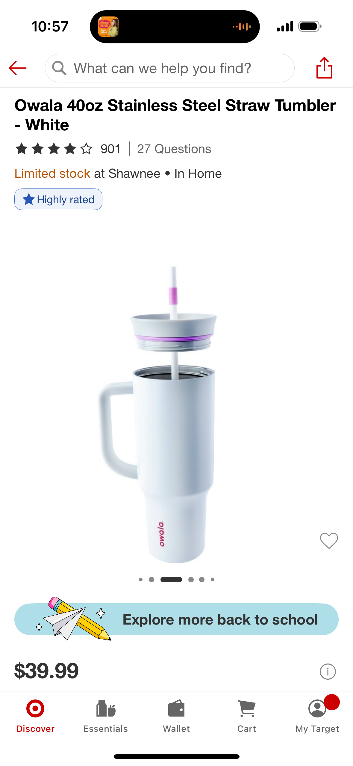 Owala 40oz Stainless Steel Straw Tumbler - White (Straw NOT Included)