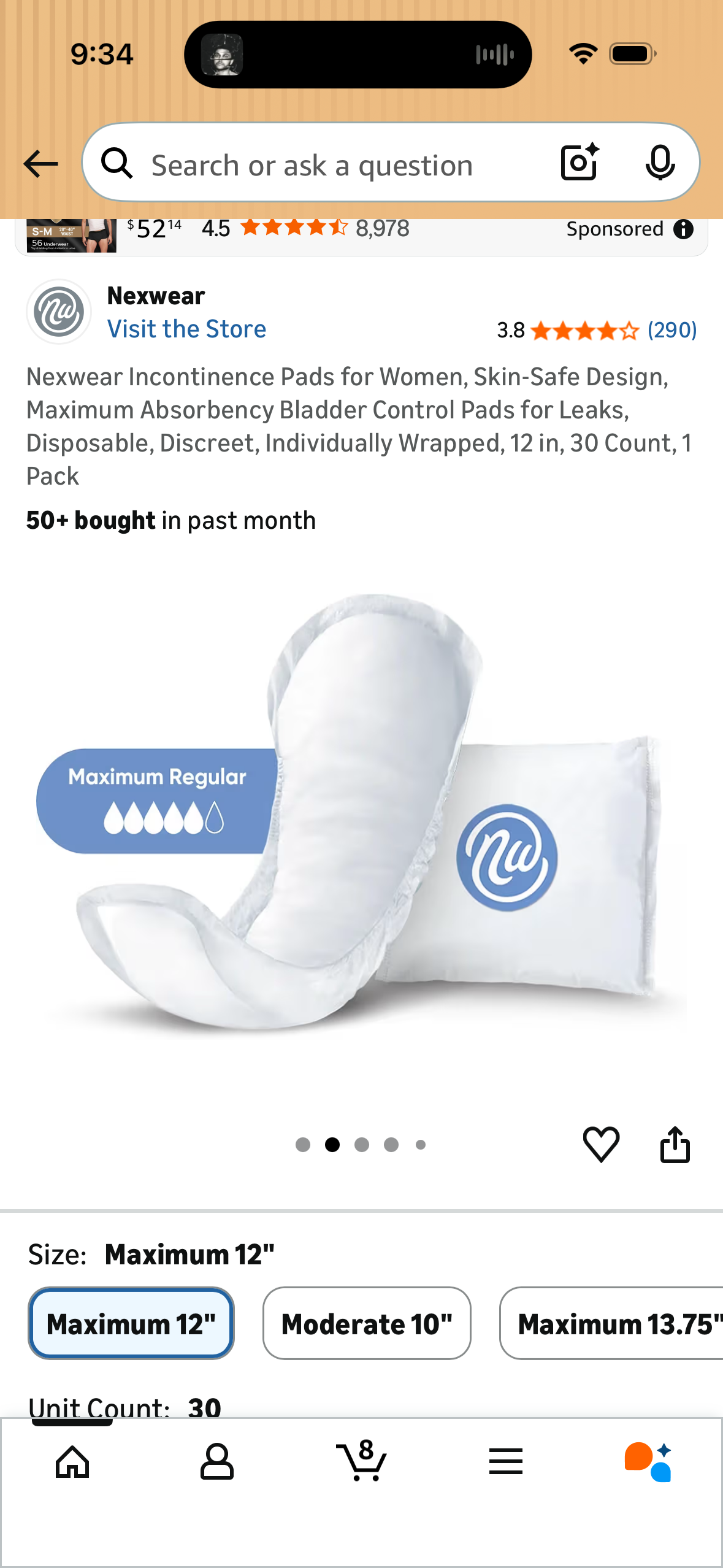 Nexwear Incontinence Pads for Women, Skin-Safe Design, Maximum Absorbency Bladder Control Pads for Leaks, Disposable, Discreet, Individually Wrapped, 12 in, 30 Count, 1 Pack