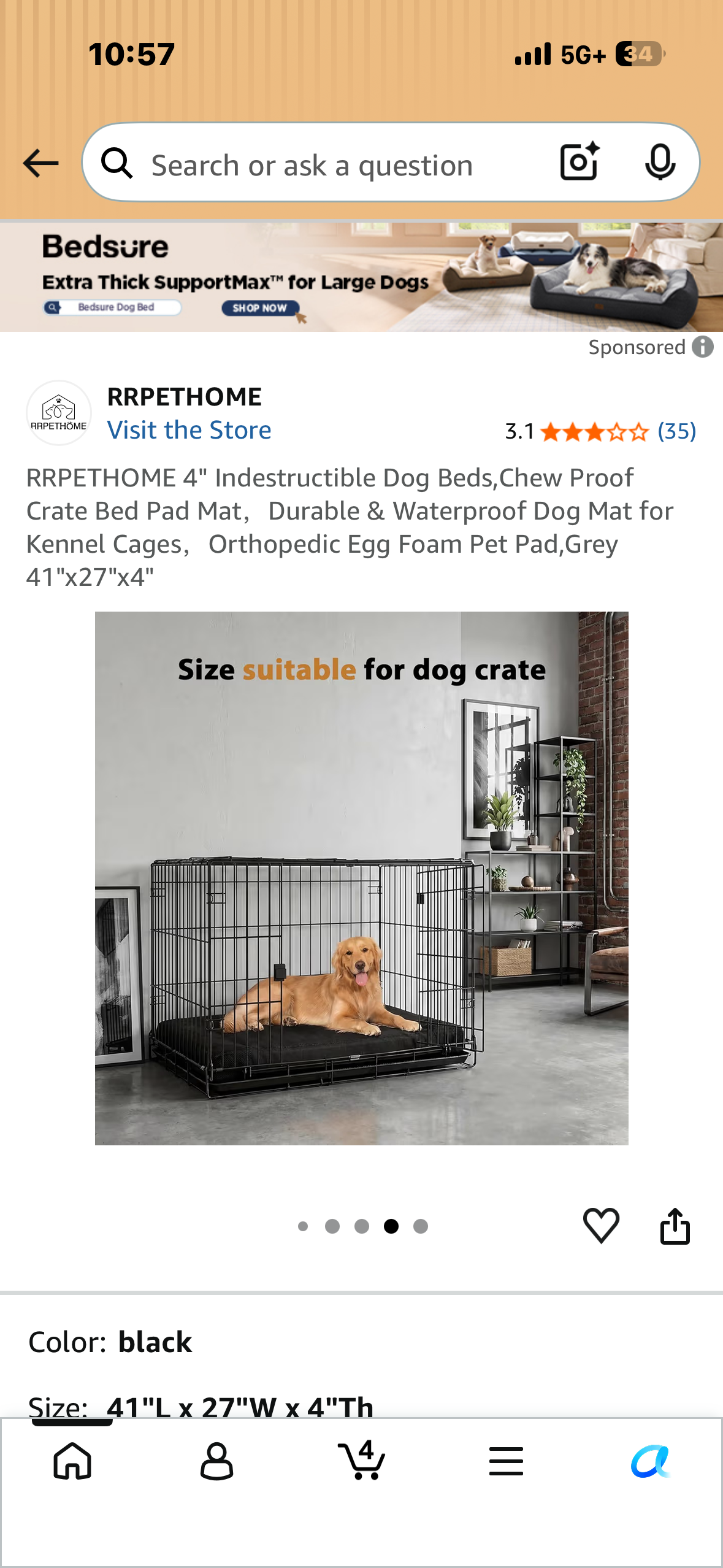 4" Indestructible Dog Bed, Chew Proof, Crate Bed Pad Mat, Durable & Waterproof Dog Mat, Orthopedic Egg Foam Pet Pad, Grey 41"x27"x4"