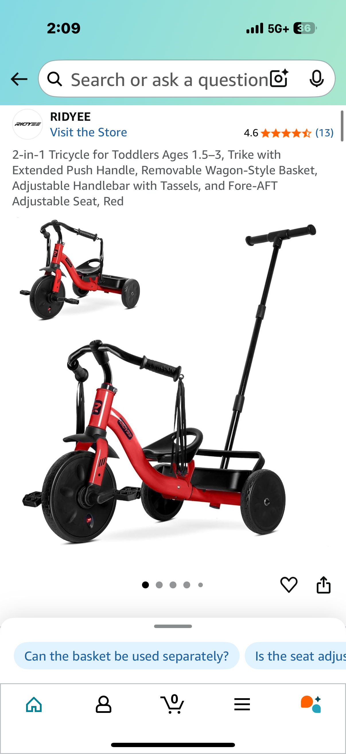 2-in-1 Tricycle for Toddlers Ages 1.5–3, Trike with Extended Push Handle, Removable Wagon-Style Basket, Adjustable Handlebar with Tassels, and Fore-AFT Adjustable Seat, Red