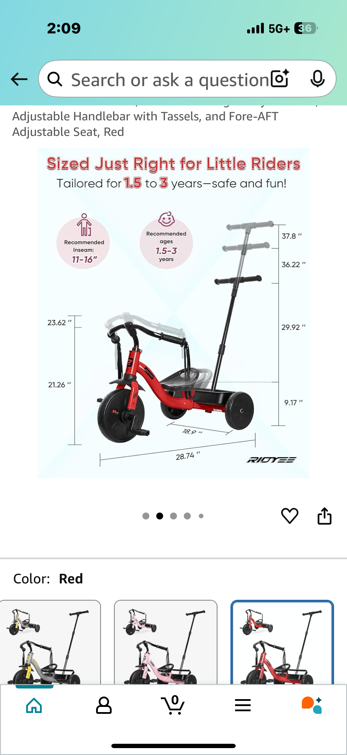 2-in-1 Tricycle for Toddlers Ages 1.5–3, Trike with Extended Push Handle, Removable Wagon-Style Basket, Adjustable Handlebar with Tassels, and Fore-AFT Adjustable Seat, Red
