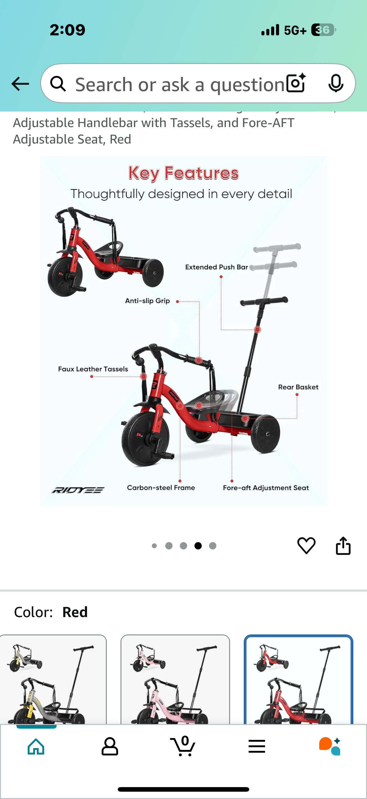 2-in-1 Tricycle for Toddlers Ages 1.5–3, Trike with Extended Push Handle, Removable Wagon-Style Basket, Adjustable Handlebar with Tassels, and Fore-AFT Adjustable Seat, Red