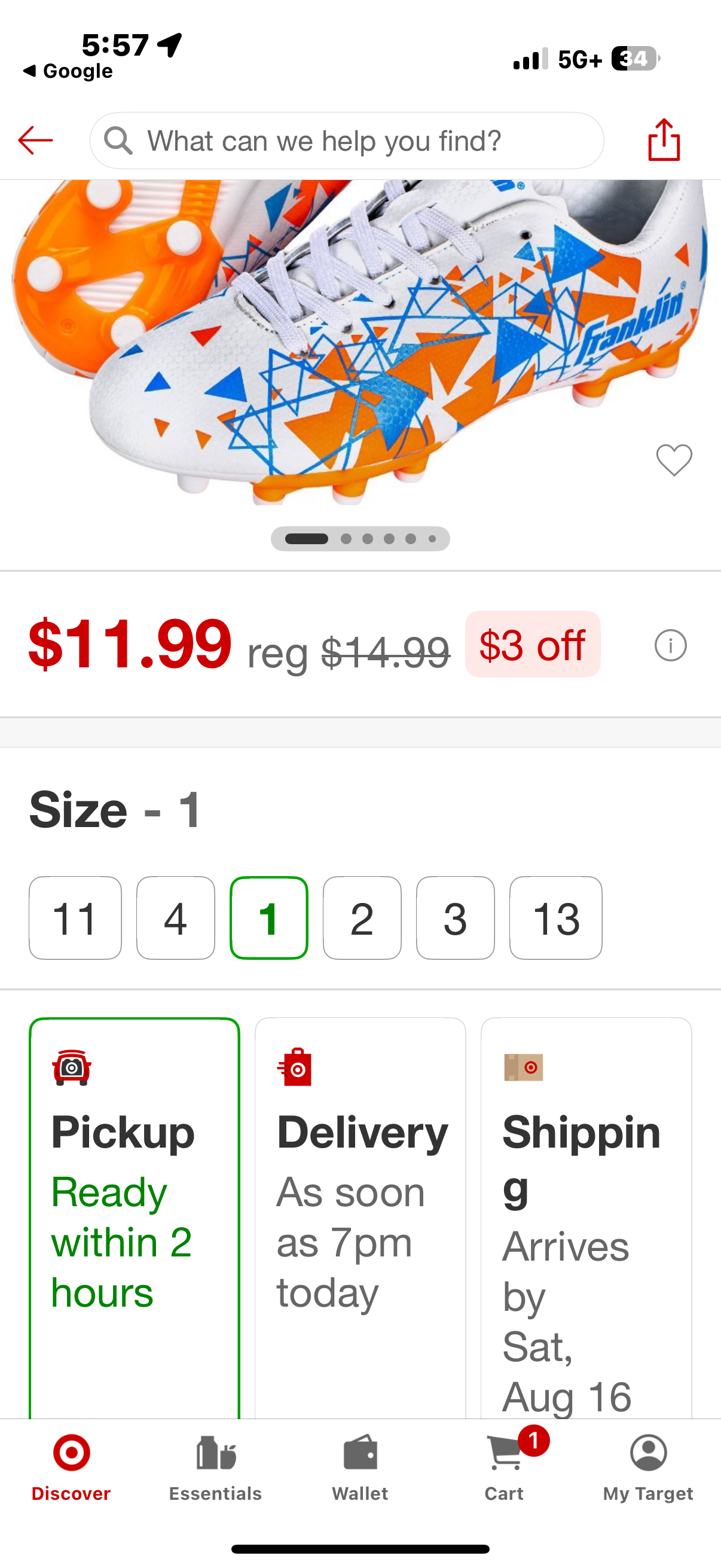 Franklin Sports Size 1 Youth Soccer Cleats: Lightweight Kids Cleats, Lace-Up Design