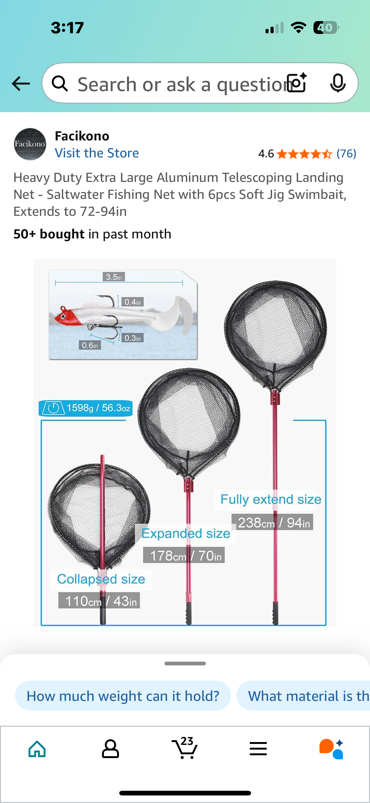 Heavy Duty Extra Large Aluminum Telescoping Landing Net - Saltwater Fishing Net with 6pcs Soft Jig Swimbait, Extends to 72-94in (W493)