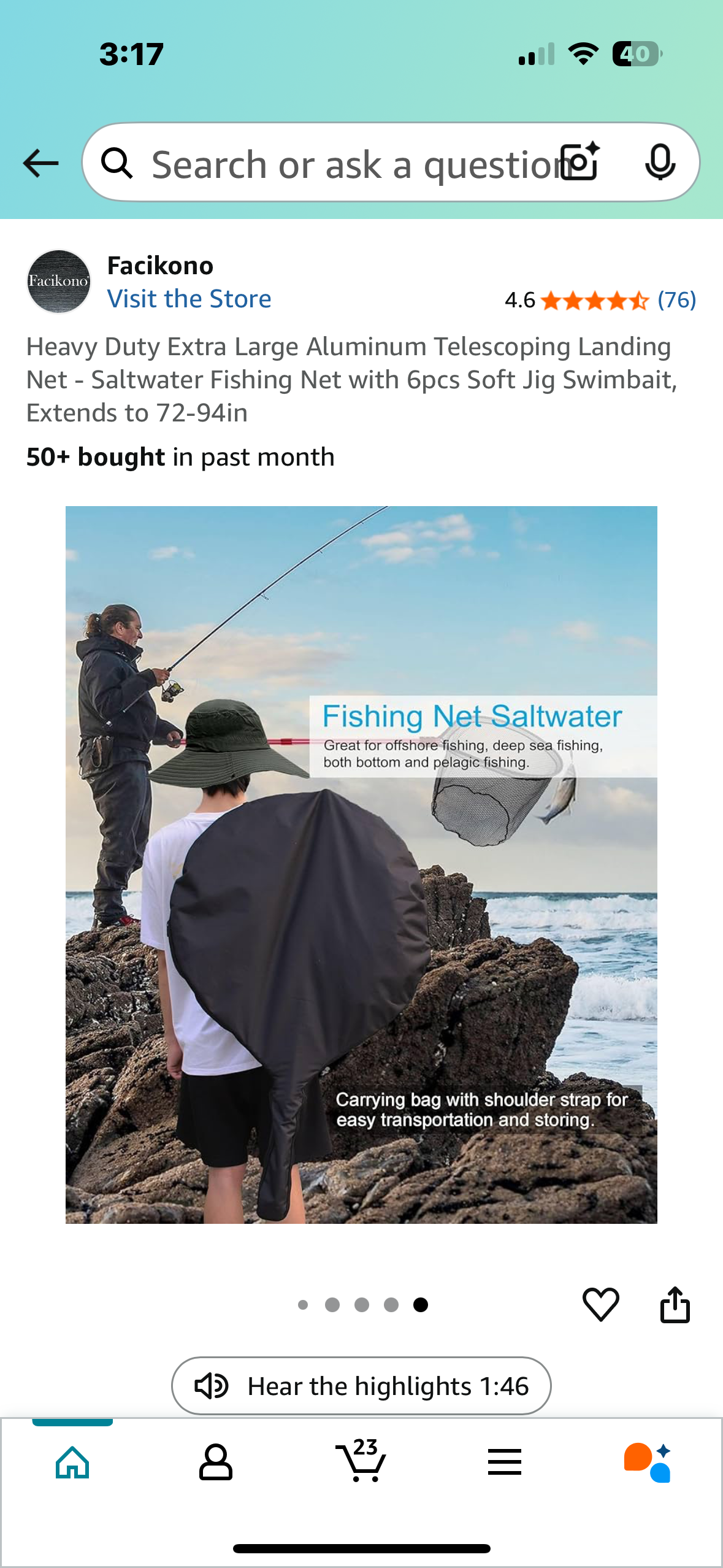 Heavy Duty Extra Large Aluminum Telescoping Landing Net - Saltwater Fishing Net with 6pcs Soft Jig Swimbait, Extends to 72-94in (W493)