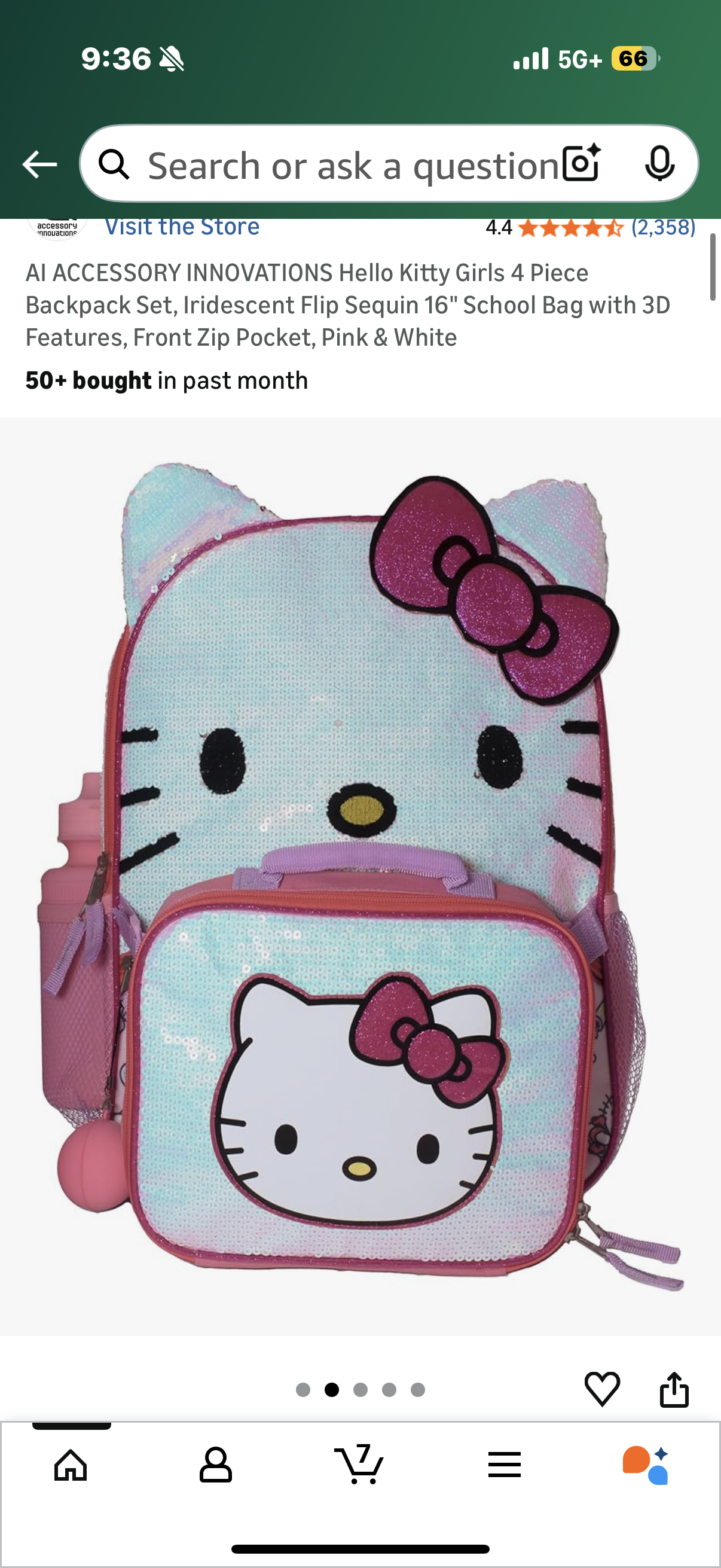 Hello Kitty Girls 4 Piece Backpack Set, Iridescent Flip Sequin 16" School Bag with 3D Features, Front Zip Pocket, Pink & White