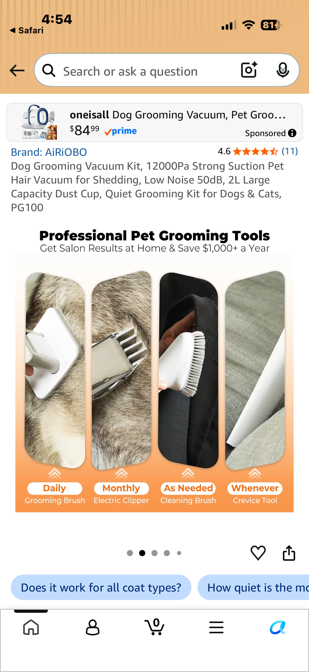 Dog Grooming Vacuum Kit, 12000Pa Strong Suction Pet Hair Vacuum for Shedding, Low Noise 50dB, 2L Large Capacity Dust Cup, Quiet Grooming Kit for Dogs & Cats, PG100