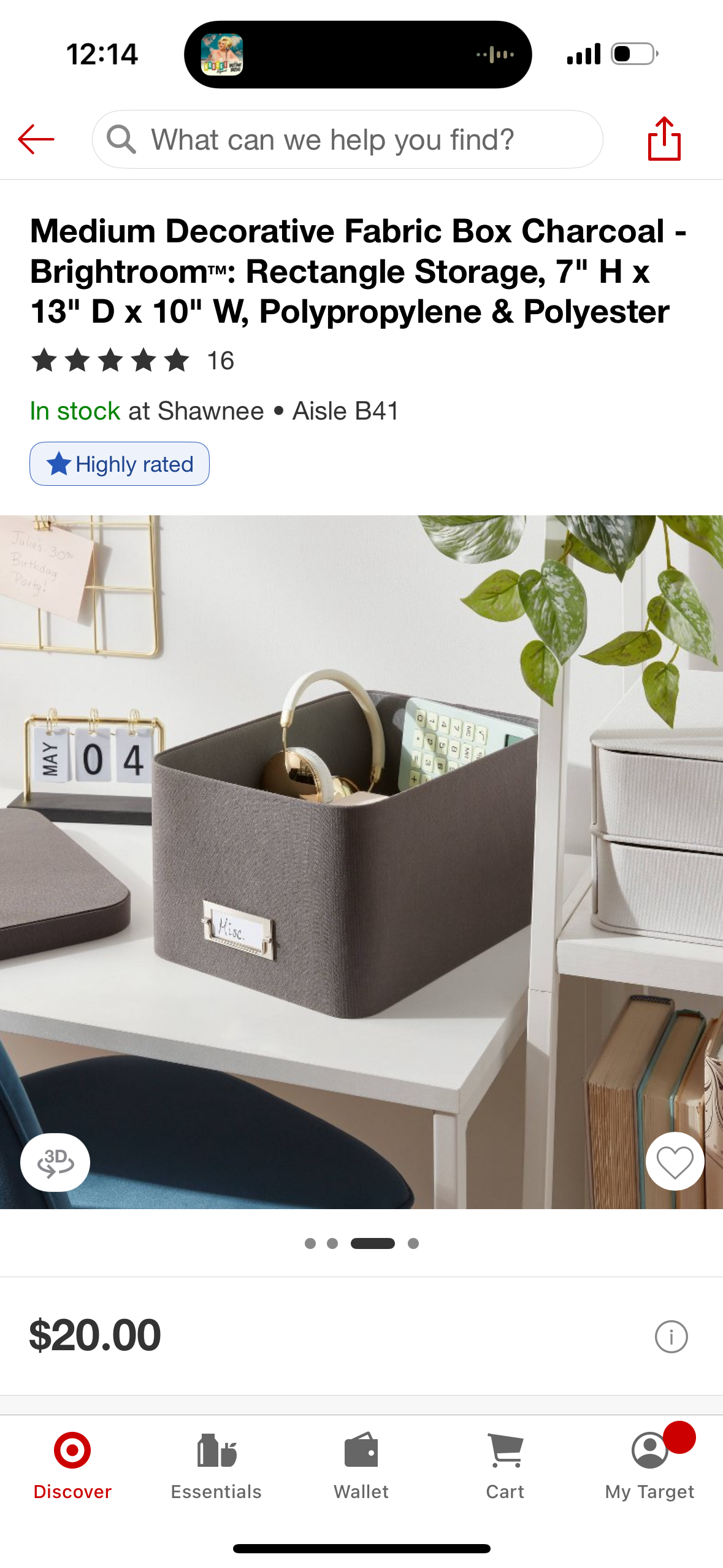 Medium Decorative Fabric Box Charcoal - Brightroom™: Rectangle Storage, 7" H x 13" D x 10" W, Polypropylene & Polyester