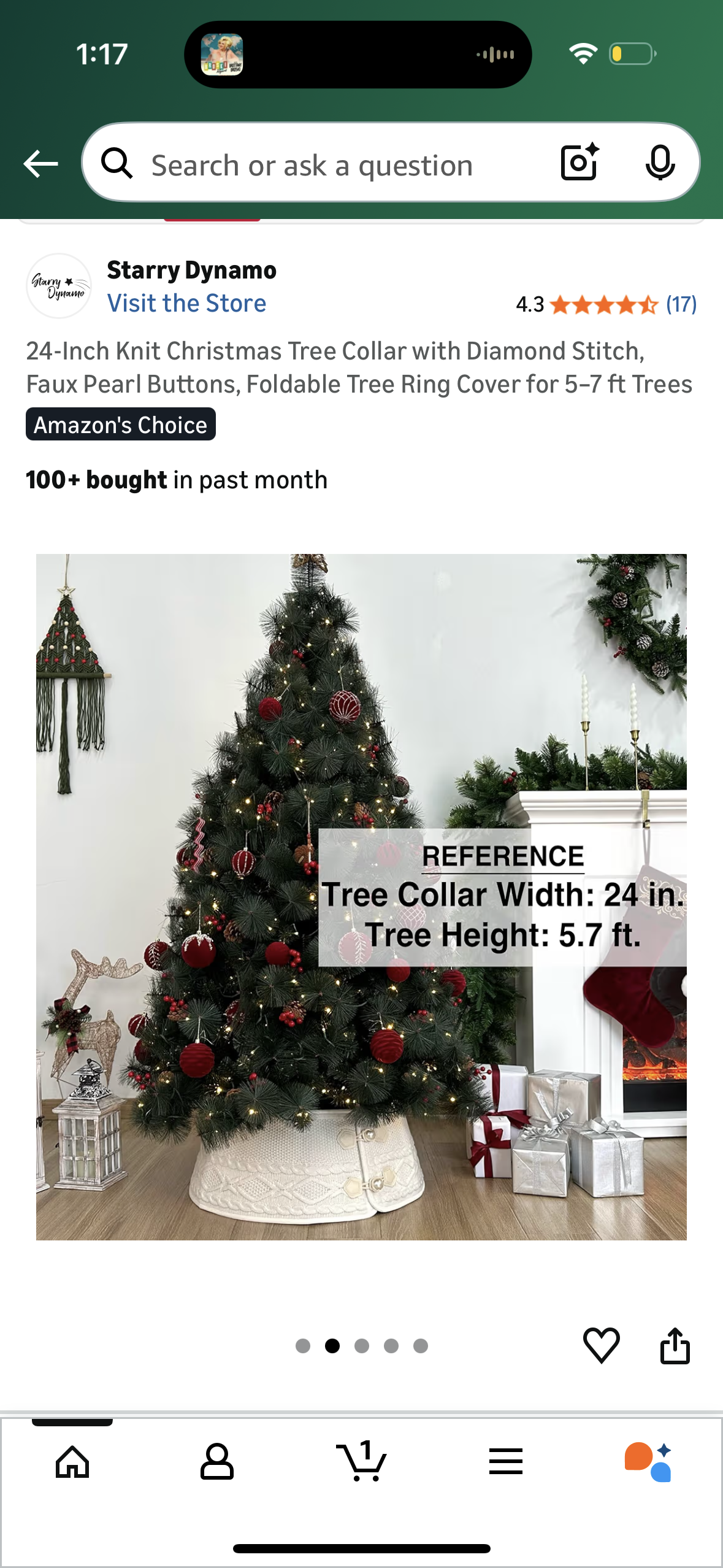 24-Inch Knit Christmas Tree Collar with Diamond Stitch, Faux Pearl Buttons, Foldable Tree Ring Cover for 5–7 ft Trees