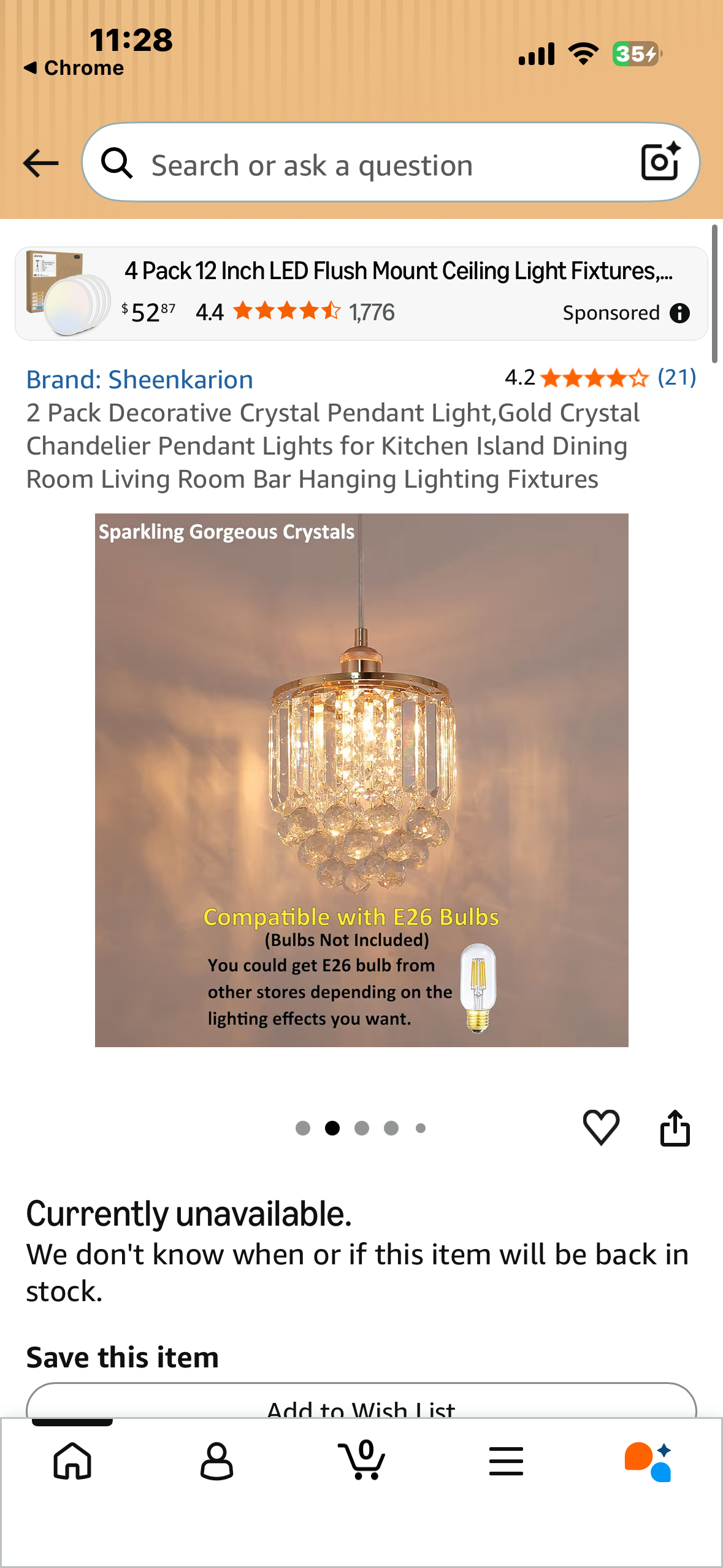 2 Pack Decorative Crystal Pendant Light,Gold Crystal Chandelier Pendant Lights for Kitchen Island Dining Room Living Room Bar Hanging Lighting Fixtures