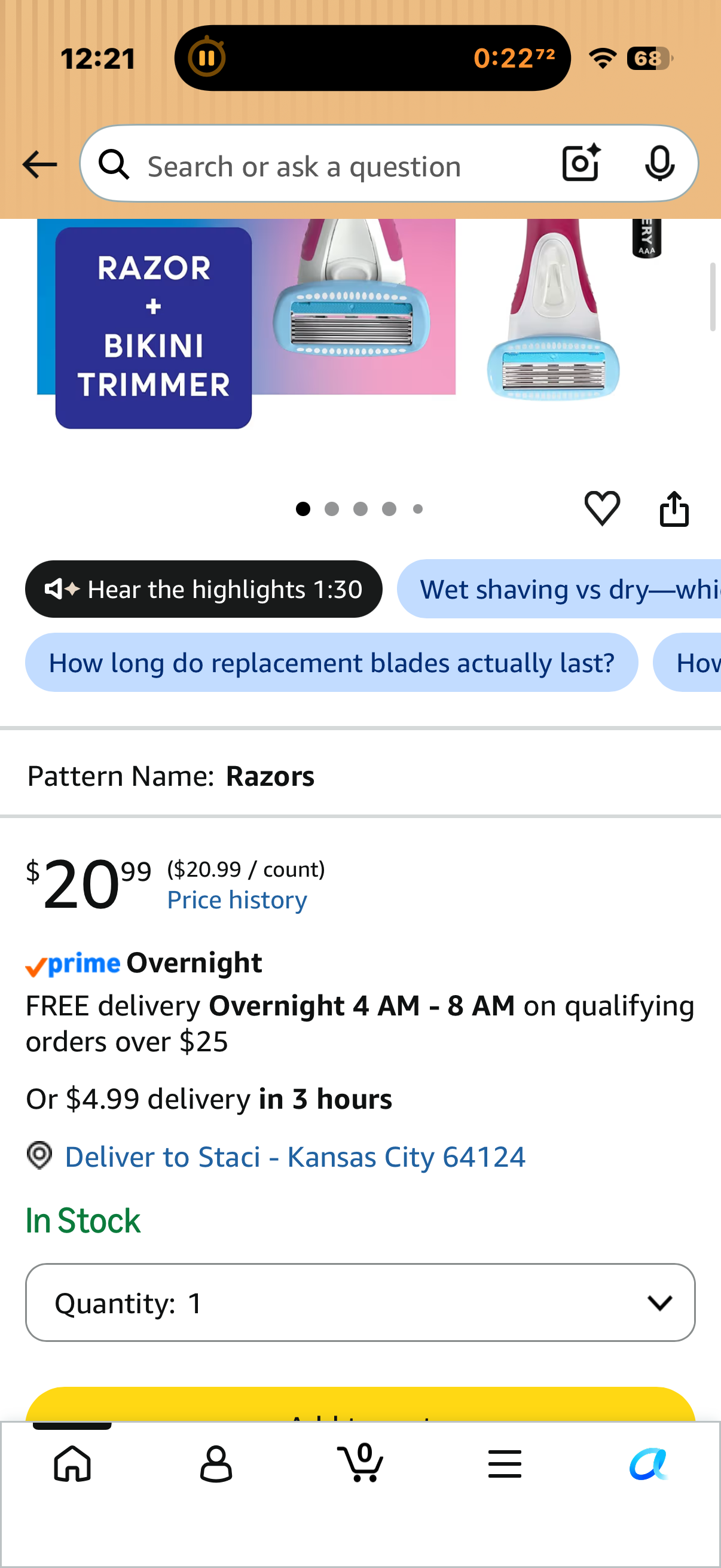 Schick Hydro Silk TrimStyle Razor with Bikini Trimmer for Women | 2-in-1 Bikini Razor for Women and Womens Trimmer for Pubic Hair, Includes 1 Waterproof Handle, 3 Refills & 1 AAA Battery