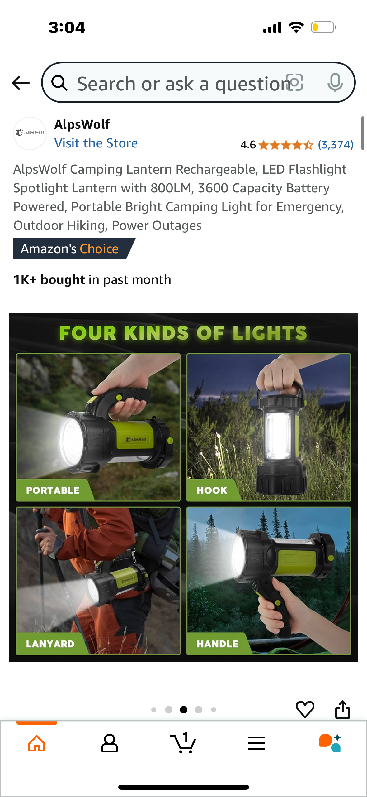 AlpsWolf Camping Lantern Rechargeable, LED Flashlight Spotlight Lantern with 800LM, 3600 Capacity Battery Powered, Portable Bright Camping Light for Emergency, Outdoor Hiking, Power Outages