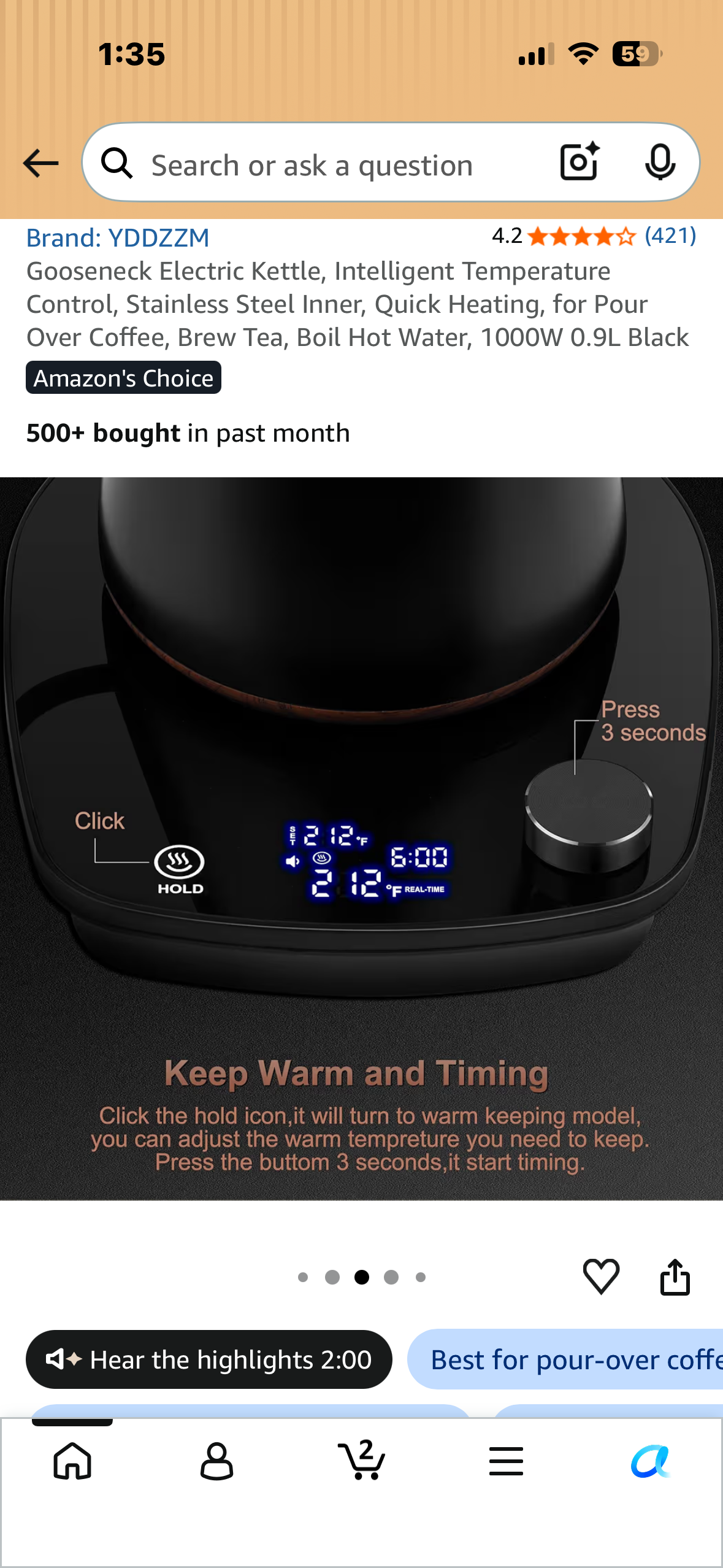 Gooseneck Electric Kettle, Intelligent Temperature Control, Stainless Steel Inner, Quick Heating, for Pour Over Coffee, Brew Tea, Boil Hot Water, 1000W 0.9L Black