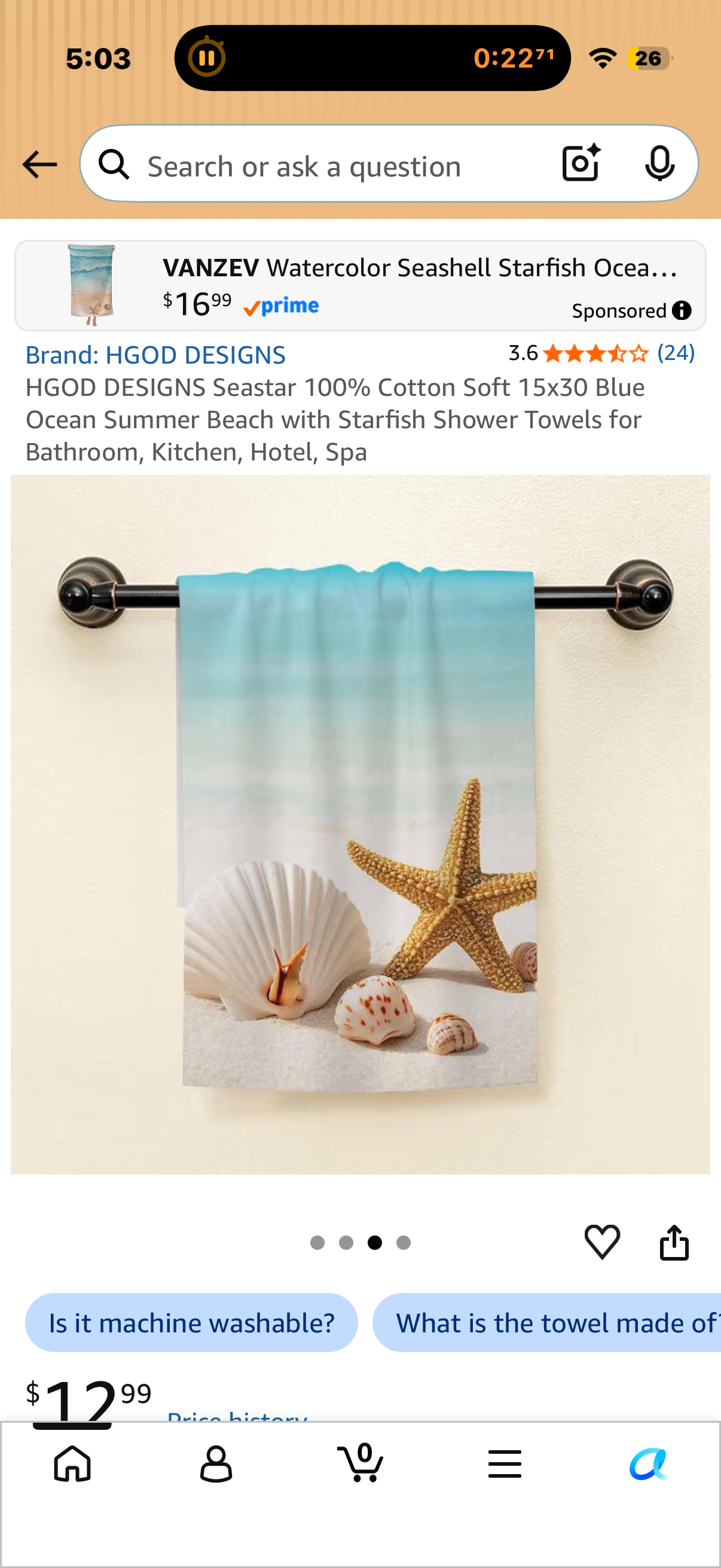 Seastar 100% Cotton Soft 15x30 Blue Ocean Summer Beach with Starfish Shower Towels for Bathroom, Kitchen, Hotel, Spa