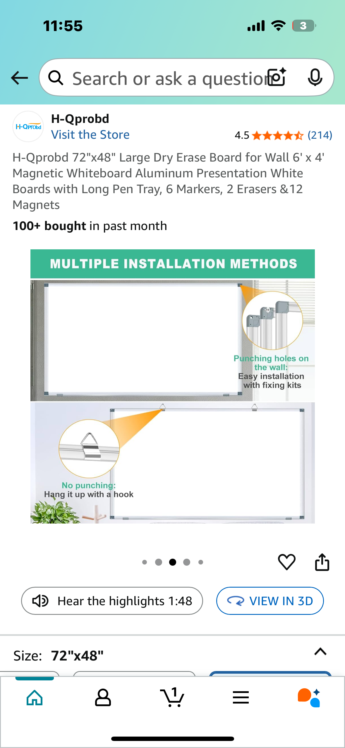 H-Qprobd 72"x48" Large Dry Erase Board for Wall 6' x 4' Magnetic Whiteboard Aluminum Presentation White Boards with Long Pen Tray, 6 Markers, 2 Erasers & 12 Magnets (O435)