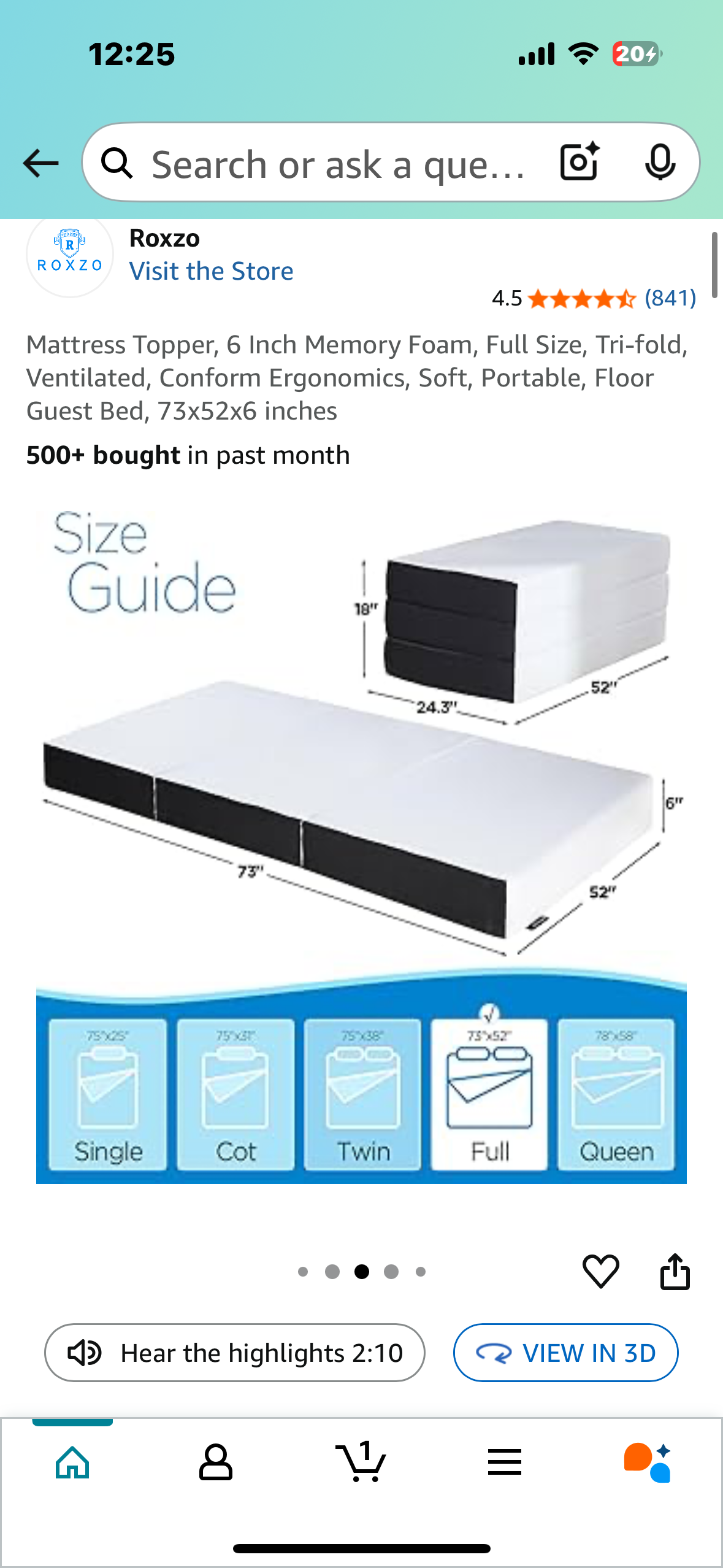 Full Size Tri-fold Mattress/ Mattress Topper, 6 Inch Memory Foam, Soft, Portable, Floor Guest Bed, 73x52x6 inches (B1047)