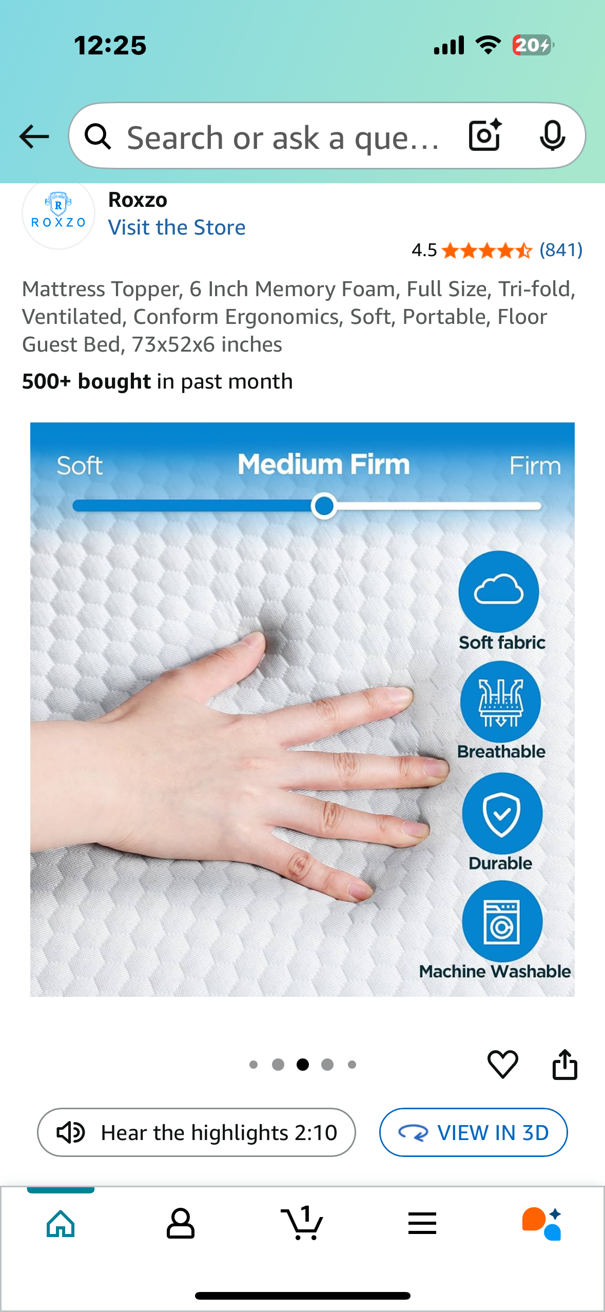 Full Size Tri-fold Mattress/ Mattress Topper, 6 Inch Memory Foam, Soft, Portable, Floor Guest Bed, 73x52x6 inches (B1047)