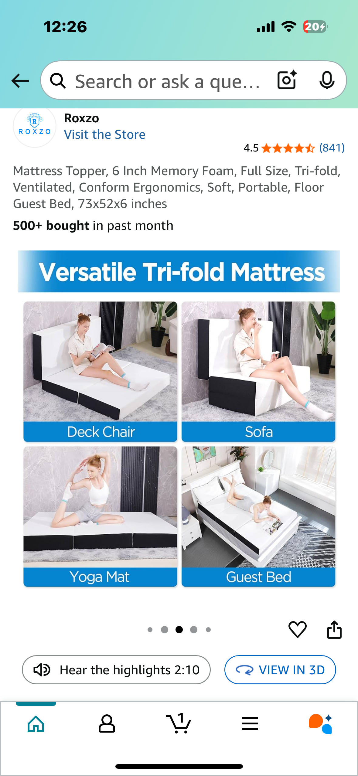 Full Size Tri-fold Mattress/ Mattress Topper, 6 Inch Memory Foam, Soft, Portable, Floor Guest Bed, 73x52x6 inches (B1047)