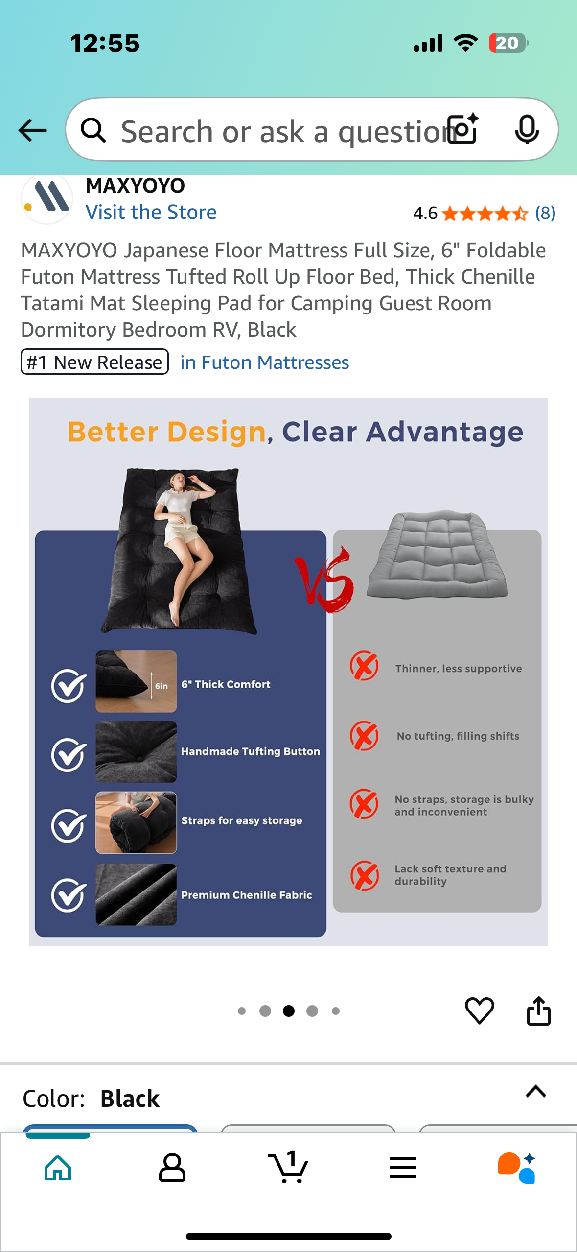 Japanese Floor Mattress Full Size, 6" Foldable Futon Mattress Tufted Roll Up Floor Bed, Thick Chenille Tatami Mat Sleeping Pad for Camping,Guest Room, Dormitory, Bedroom, RV, Black (B1048)