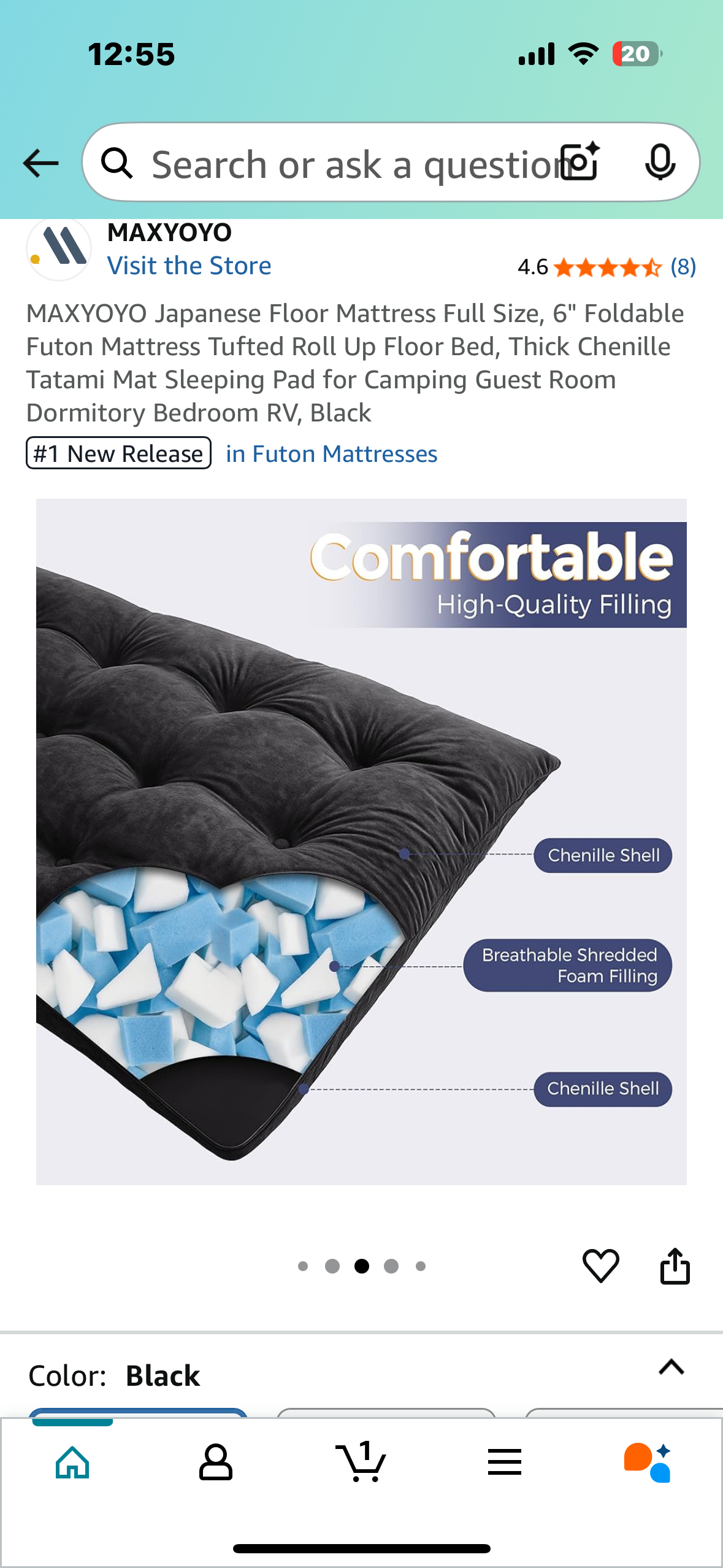 Japanese Floor Mattress Full Size, 6" Foldable Futon Mattress Tufted Roll Up Floor Bed, Thick Chenille Tatami Mat Sleeping Pad for Camping,Guest Room, Dormitory, Bedroom, RV, Black (B1048)