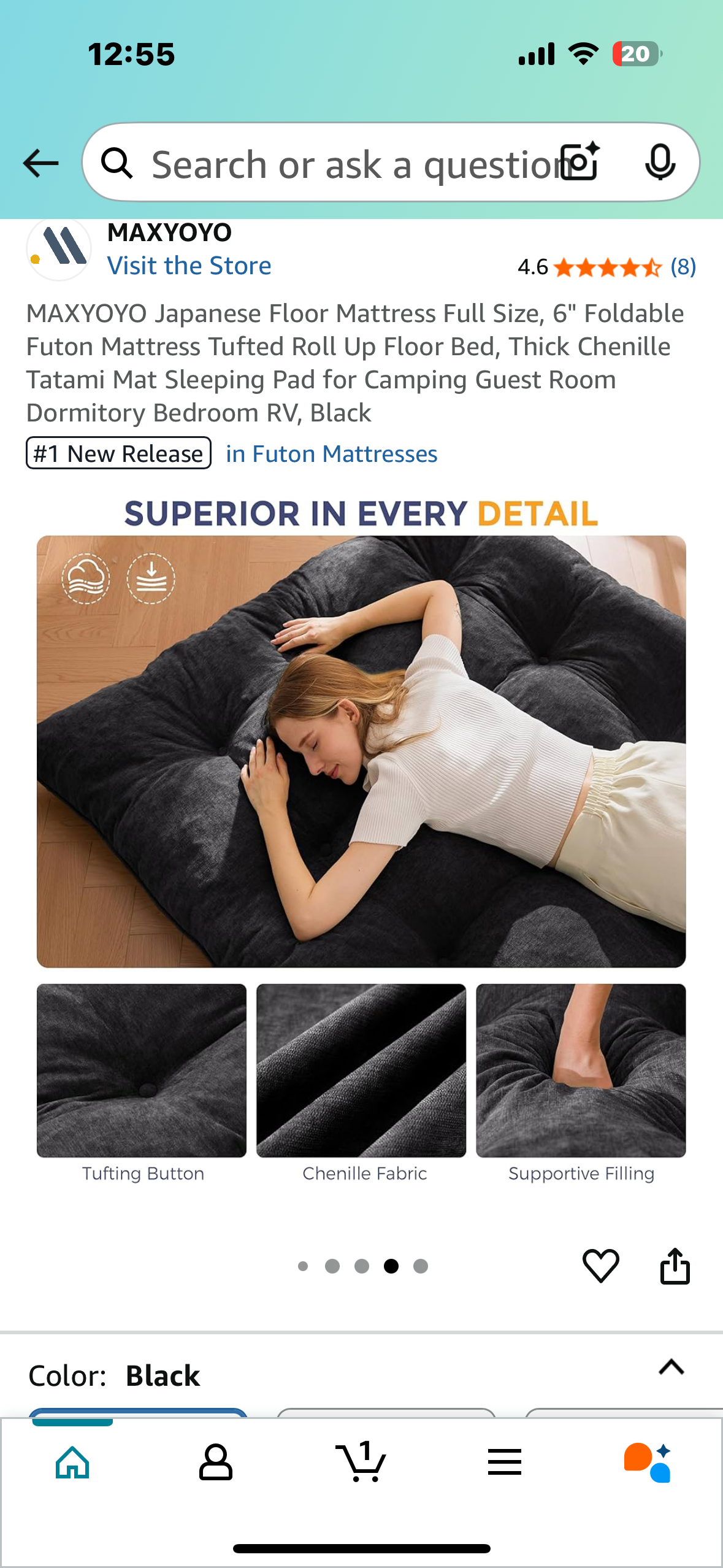 Japanese Floor Mattress Full Size, 6" Foldable Futon Mattress Tufted Roll Up Floor Bed, Thick Chenille Tatami Mat Sleeping Pad for Camping,Guest Room, Dormitory, Bedroom, RV, Black (B1048)
