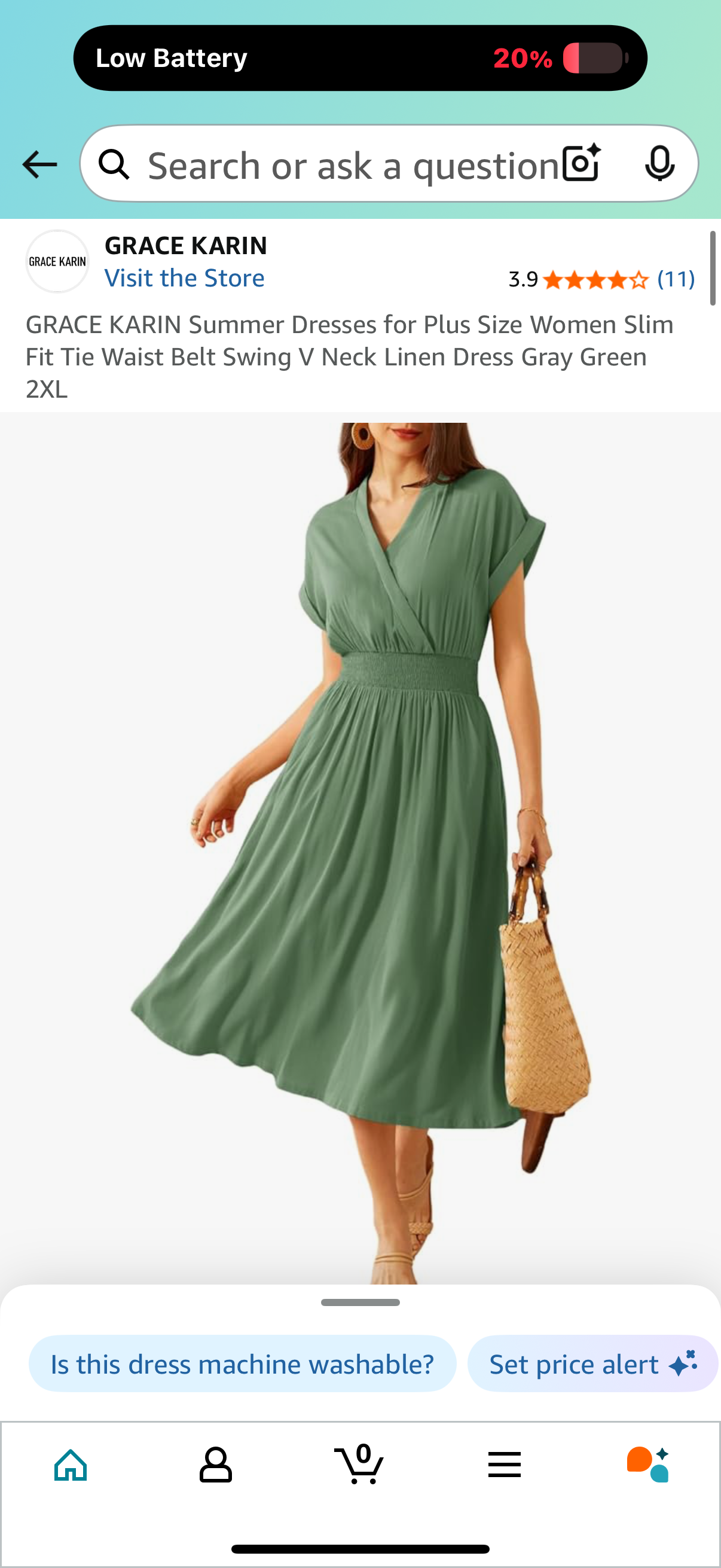 GRACE KARIN Summer Dresses for Plus Size Women Slim Fit Tie Waist Belt Swing V Neck Linen Dress Gray Green (Size 2XL)
