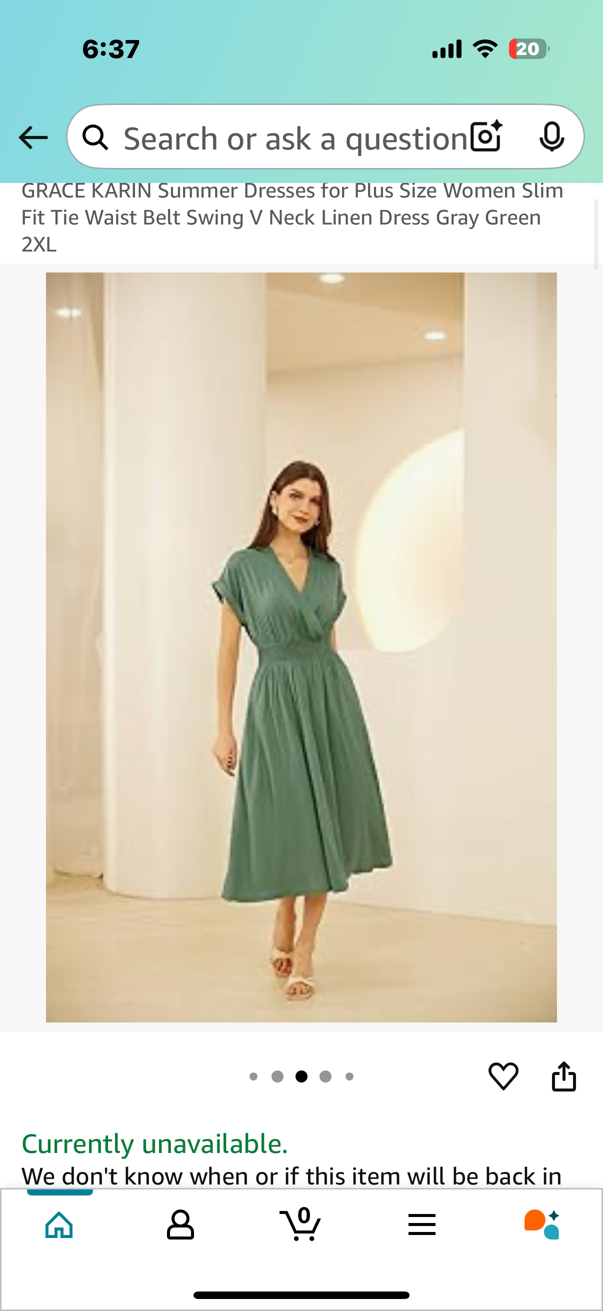 GRACE KARIN Summer Dresses for Plus Size Women Slim Fit Tie Waist Belt Swing V Neck Linen Dress Gray Green (Size 2XL)