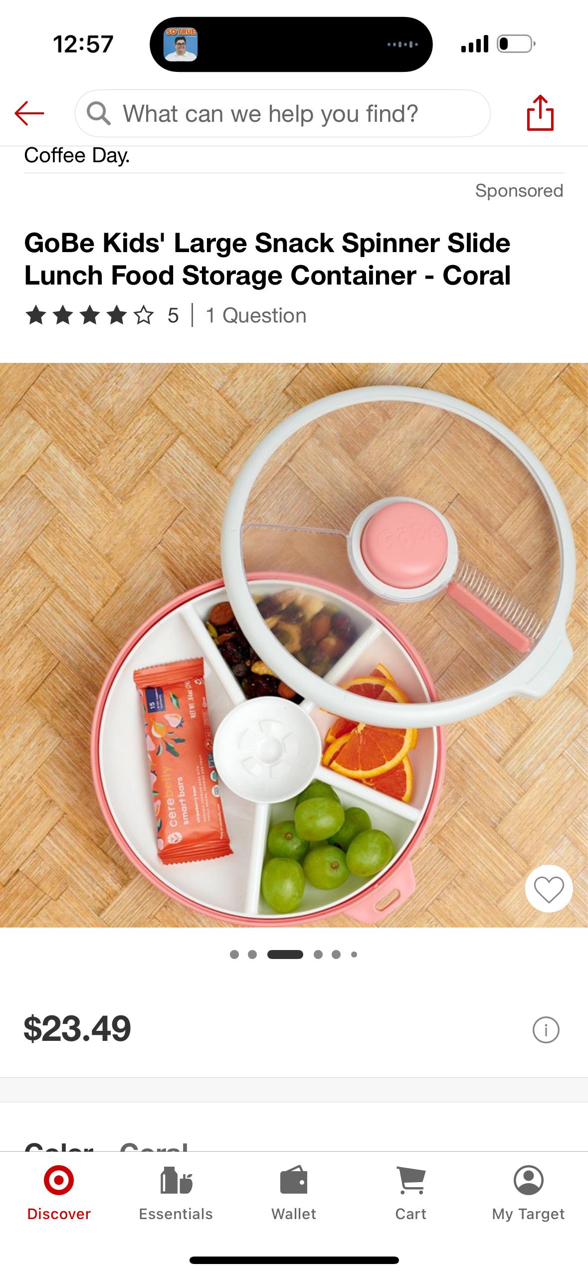 GoBe Kids' Large Snack Spinner Slide Lunch Food Storage Container - Coral