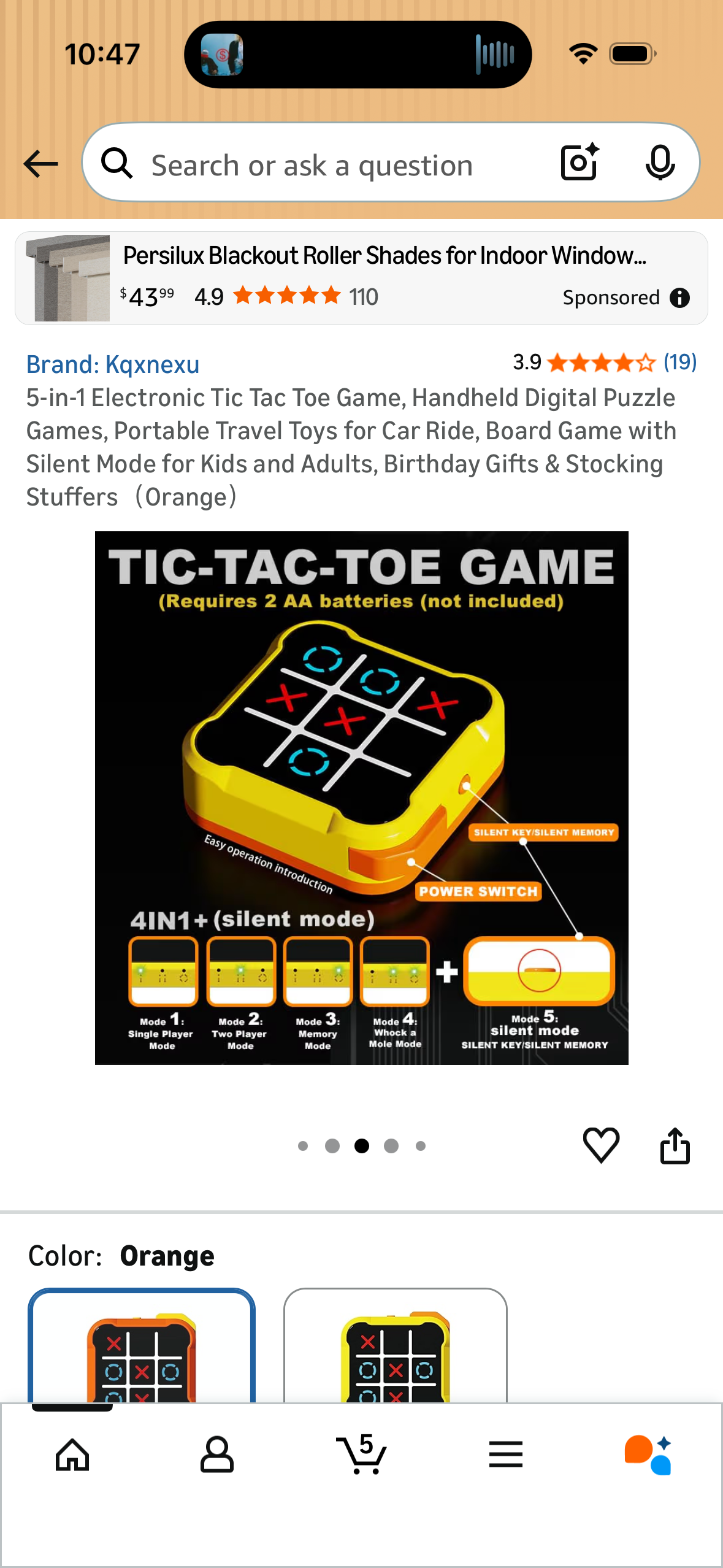 5-in-1 Electronic Tic Tac Toe Game, Handheld Digital Puzzle Games, Portable Travel Toys for Car Ride, Board Game with Silent Mode for Kids and Adults, Birthday Gifts & Stocking Stuffers(Orange)
