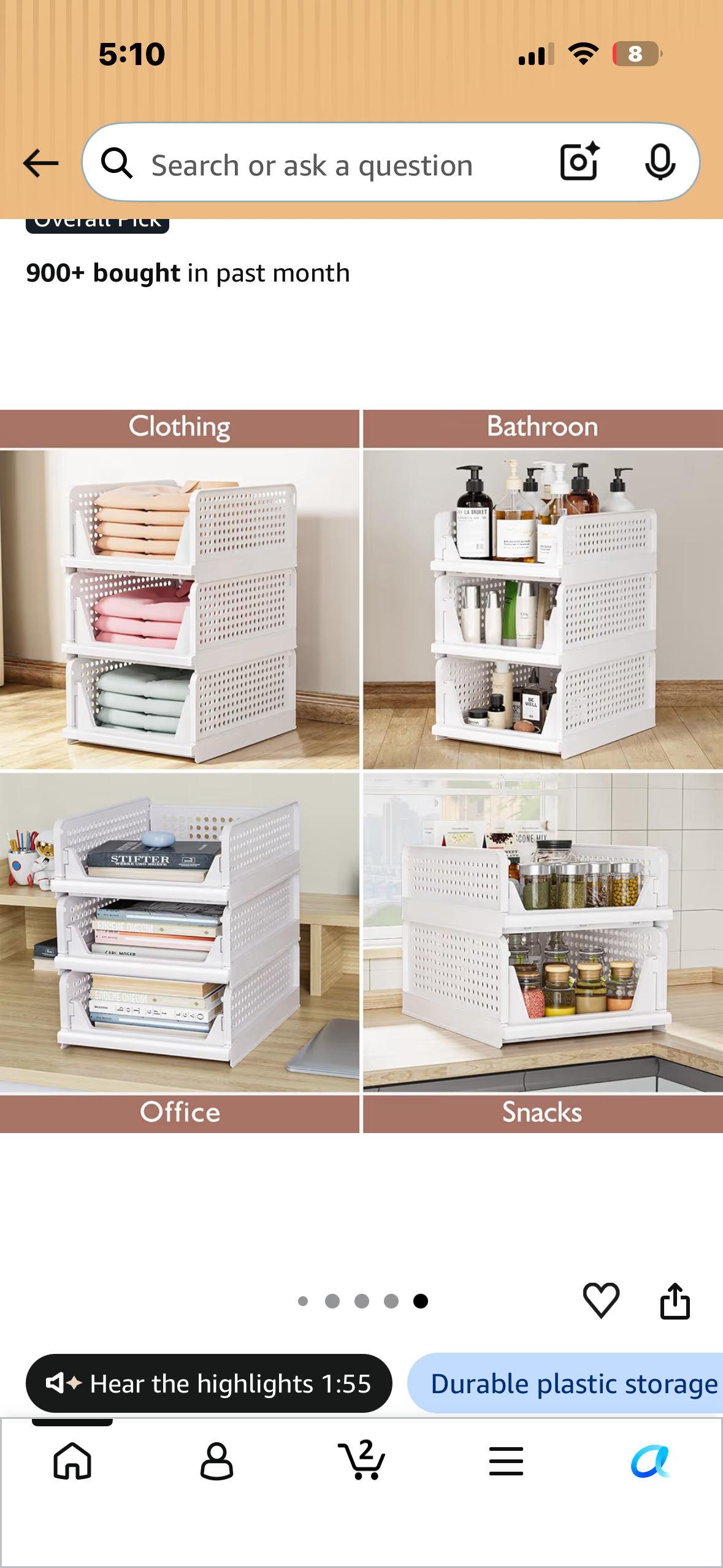 4 Pack Folding Closet Organizers, Stackable Storage Bins, Plastic Drawer Basket Closet Storage for Wardrobe, Cupboard, Kitchen, Bathroom, Office White-4L
