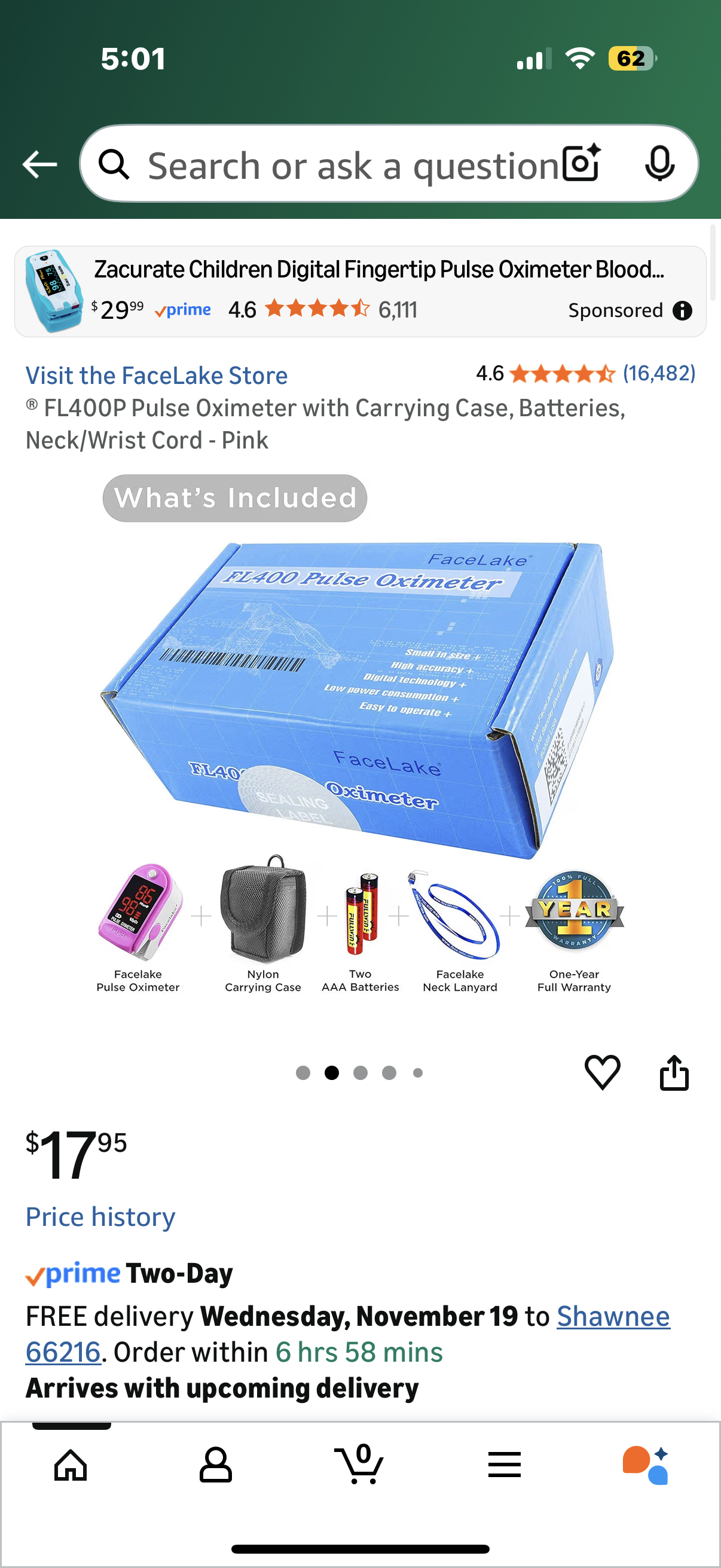 ® FL400P Pulse Oximeter with Carrying Case, Batteries, Neck/Wrist Cord - Pink