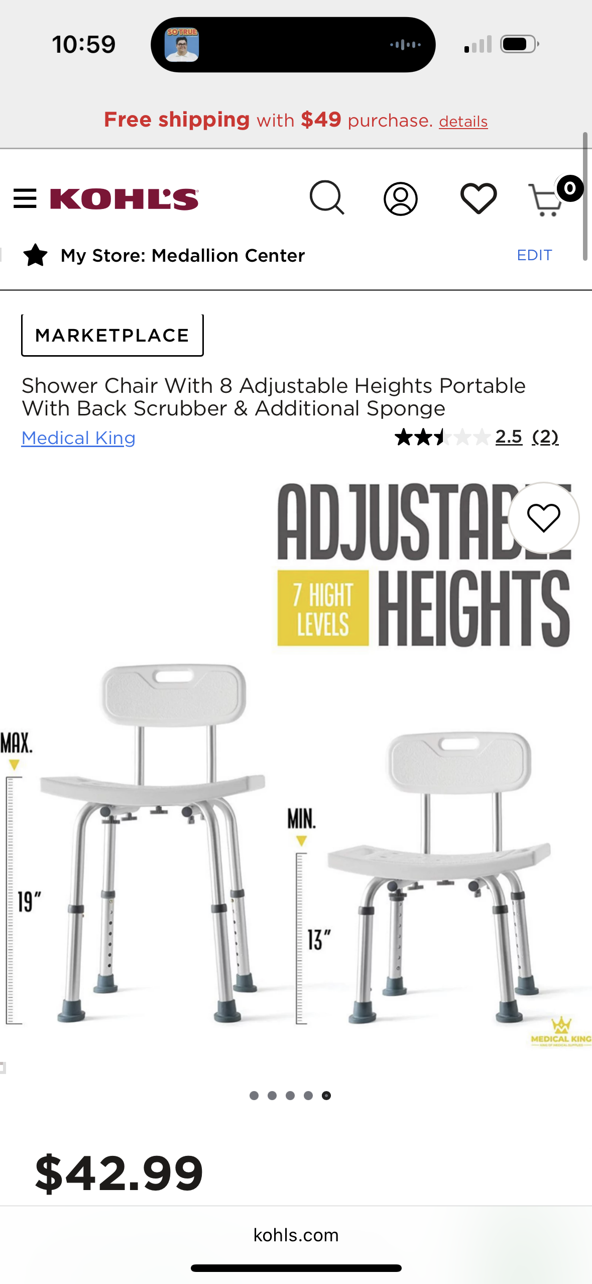 Shower Chair With 8 Adjustable Heights Portable With Back Scrubber & Additional Sponge
