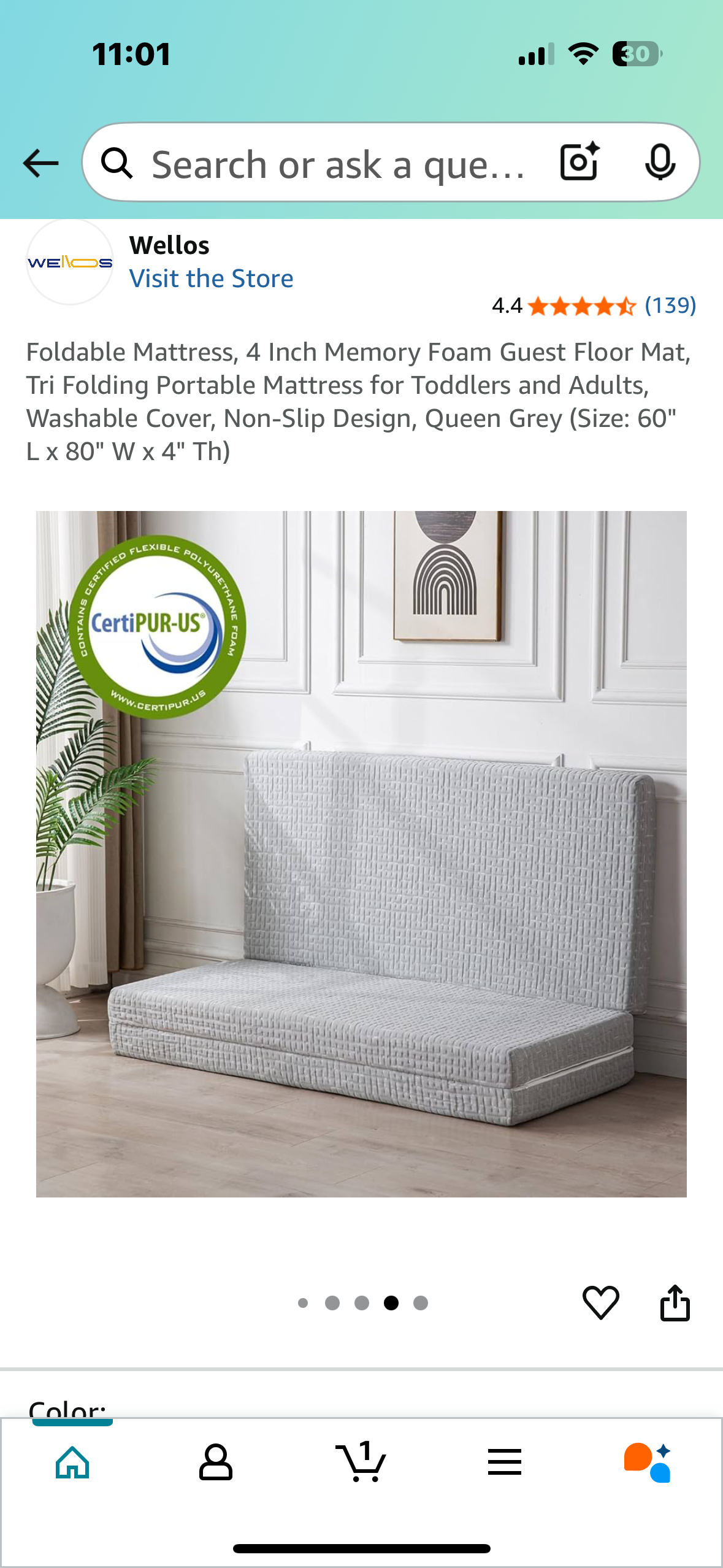 Foldable Mattress, 4 Inch Memory Foam Guest Floor Mat, Tri Folding Portable Mattress, Washable Cover, Non-Slip Design, Queen Grey (Size: 60" L x 80" W x 4" Th) (B887)
