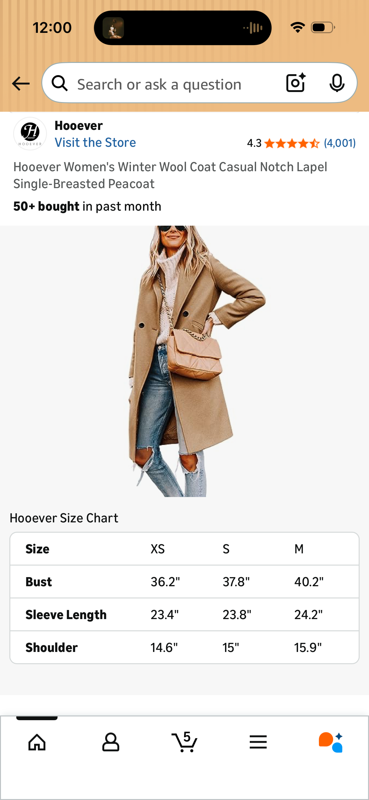 Hooever Women's Winter Wool Coat Casual Notch Lapel Single-Breasted Peacoat (Size X-Small)