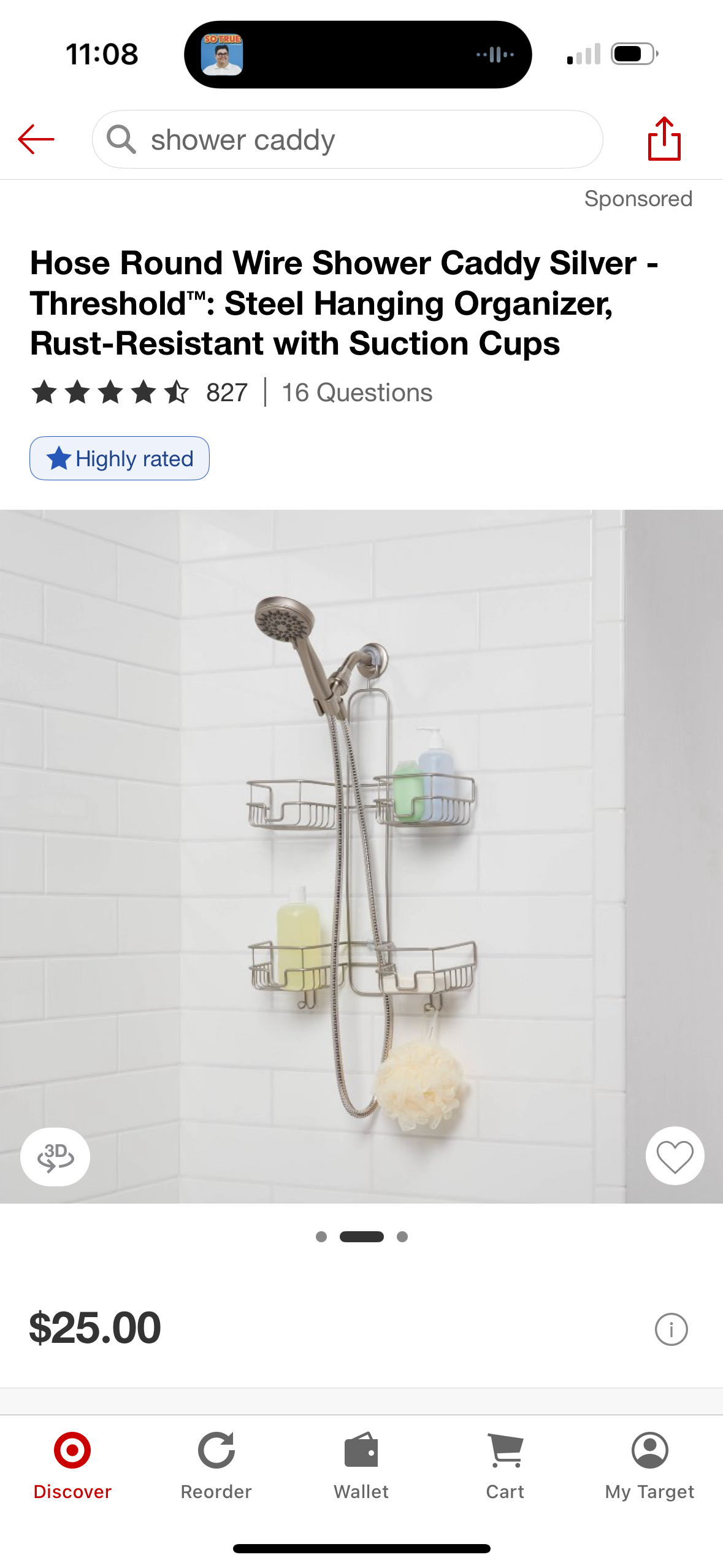 Hose Round Wire Shower Caddy Silver - Threshold™: Steel Hanging Organizer, Rust-Resistant with Suction Cups