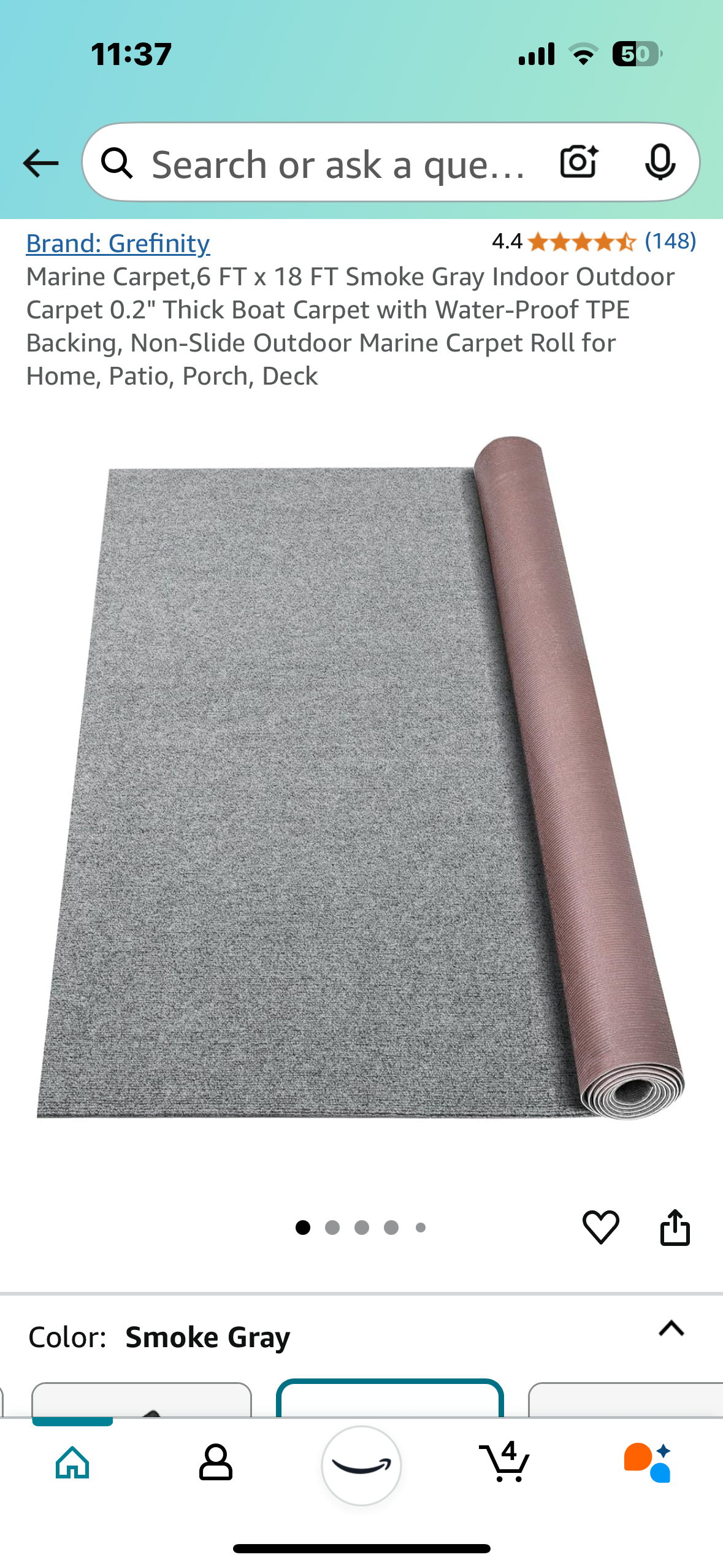 New - 6' x 18' Marine Carpet Smoke Grey Outdoor Rug For Patio/Porch/Deck/Boat (G632)