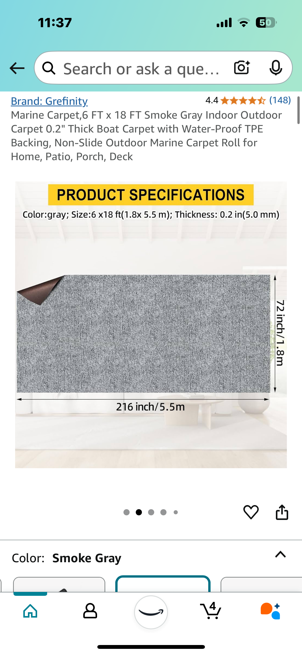 New - 6' x 18' Marine Carpet Smoke Grey Outdoor Rug For Patio/Porch/Deck/Boat (G632)